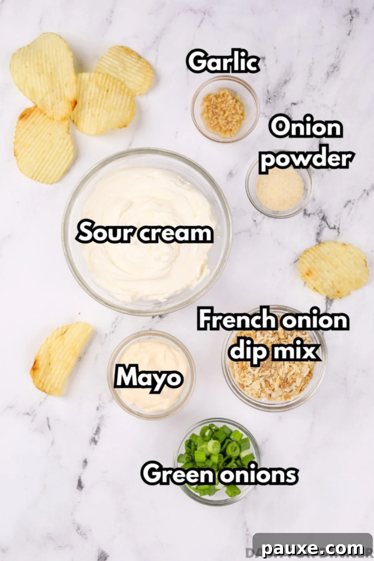 Quick & Creamy French Onion Dip 3 Ingredients for French onion dip including sour cream, mayonnaise, onion soup mix, garlic, onion powder, and green onions.