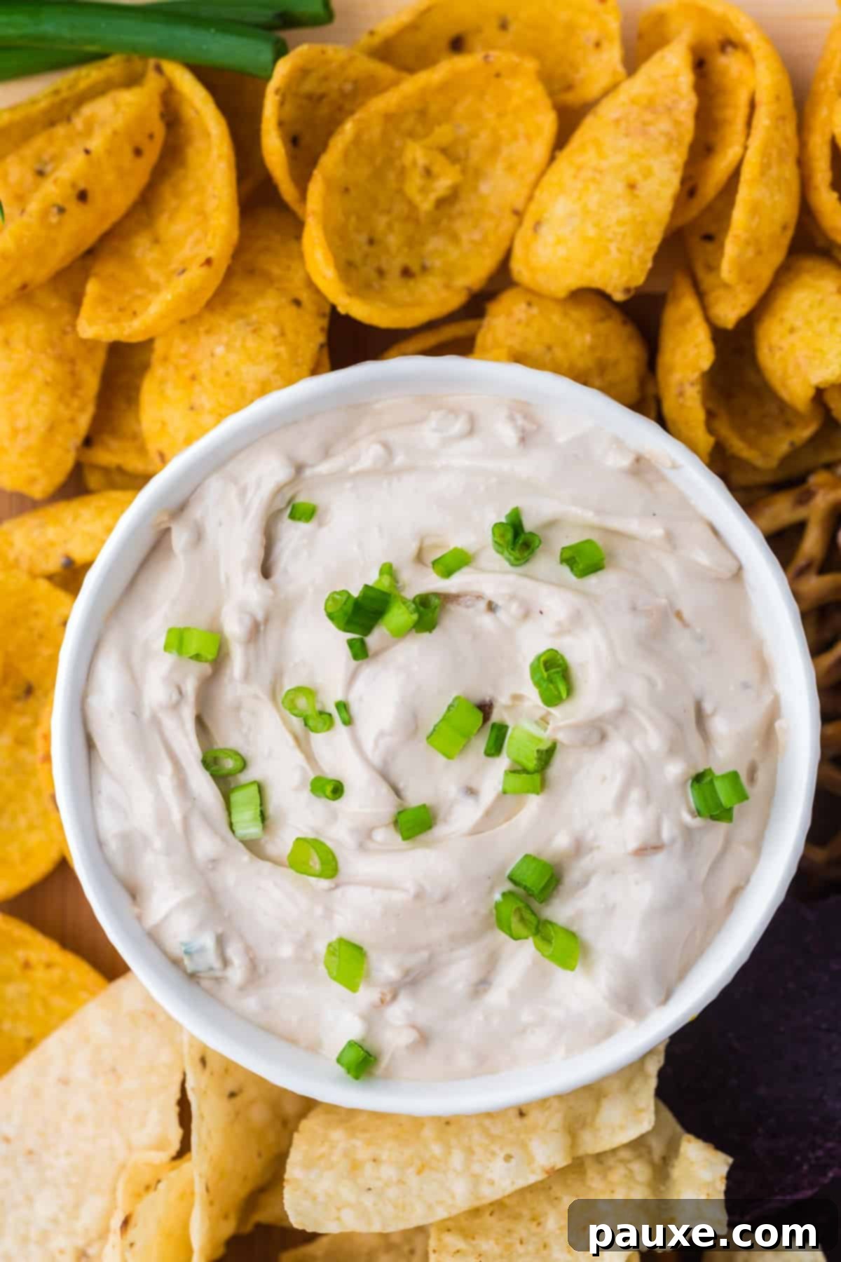 Quick & Creamy French Onion Dip 7 An overhead view of french onion dip garnished with green onions.