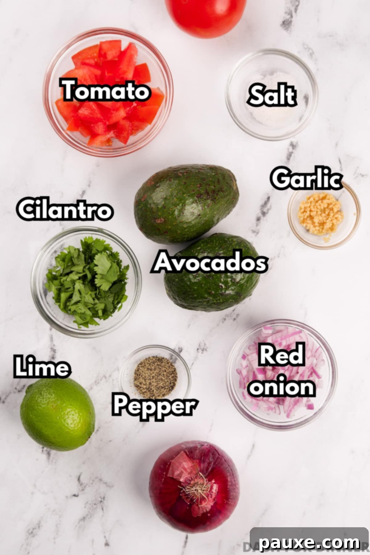 Perfectly Chunky Guacamole 3 The fresh ingredients needed to make a chunky guacamole dip: ripe avocados, red onion, tomatoes, cilantro, lime, garlic, salt, and pepper.