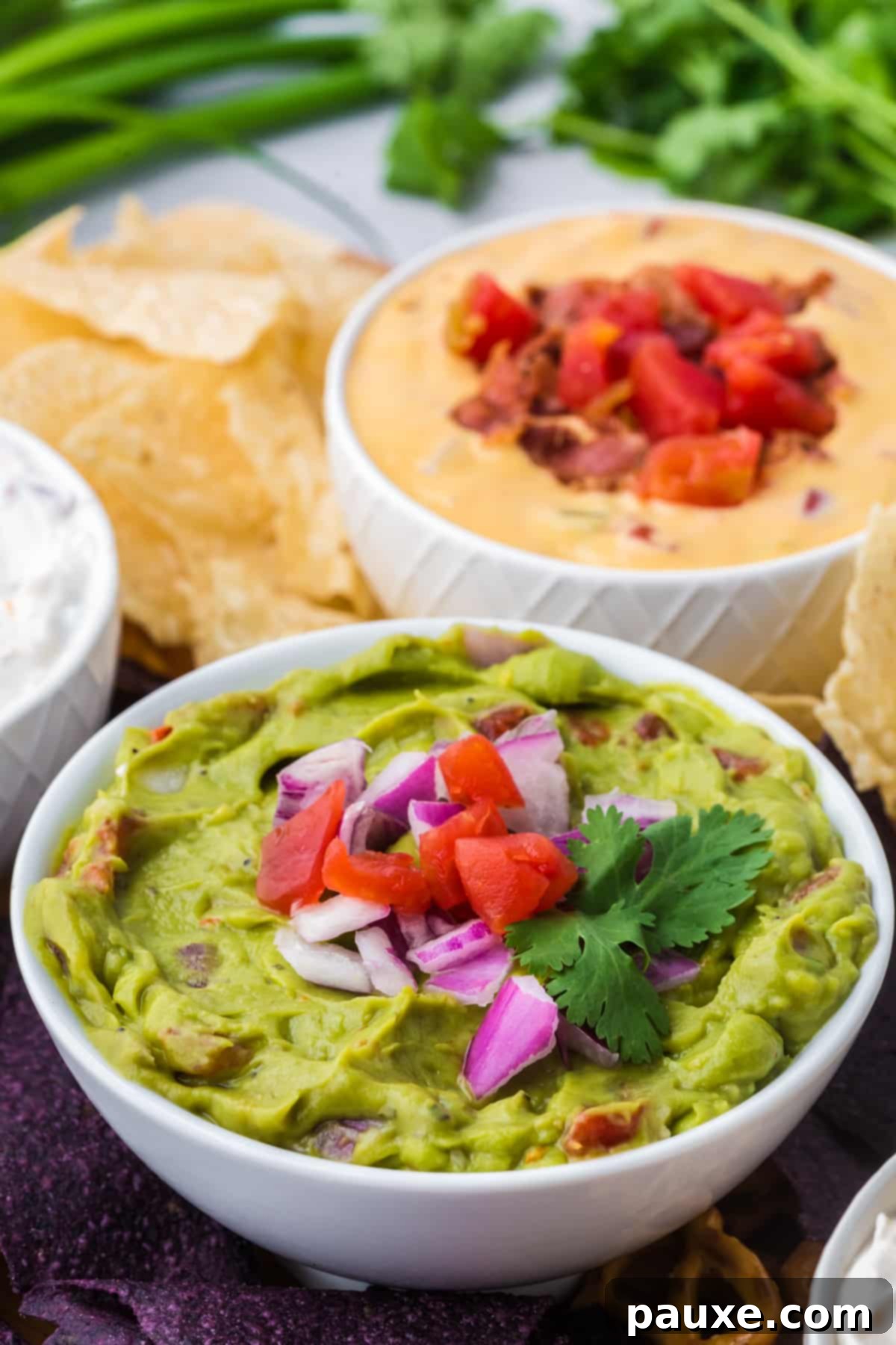 Perfectly Chunky Guacamole 6 A bowl of freshly made chunky guacamole topped with vibrant red onion, diced tomato, and fresh cilantro leaves, ready for dipping.