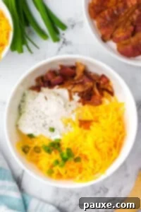 Deconstructed Baked Potato Dip 10 A white bowl featuring shredded cheese, bacon, ranch, and green onions.