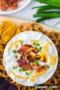 Deconstructed Baked Potato Dip 12 An overhead shot of a bowl of cream dip garnished with green onion, shredded cheese, and bacon. Surrounded by corn chips and pretzels.