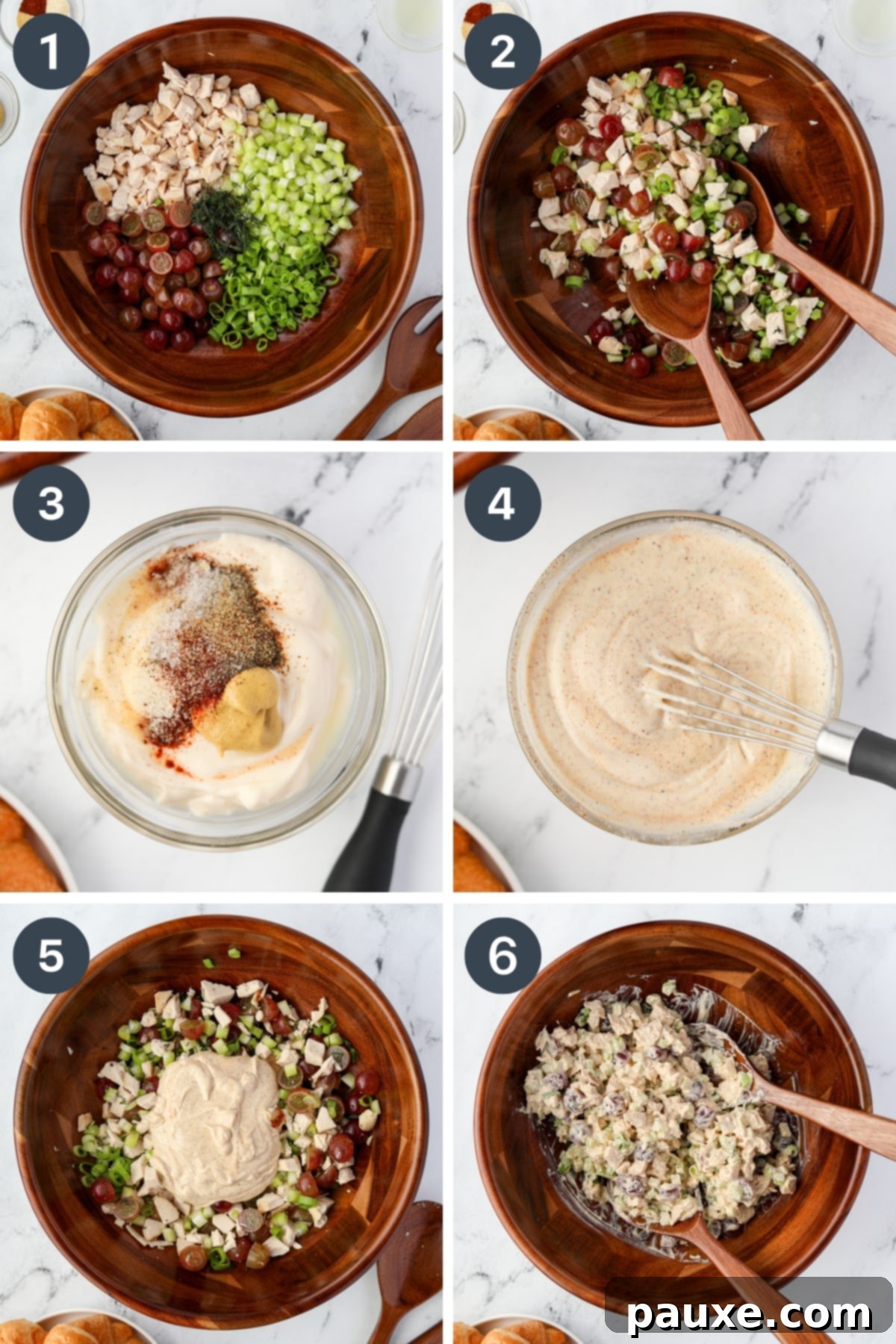 Adding chopped chicken, celery, green onion, and fresh dill to a large mixing bowl to create the base of the chicken salad.