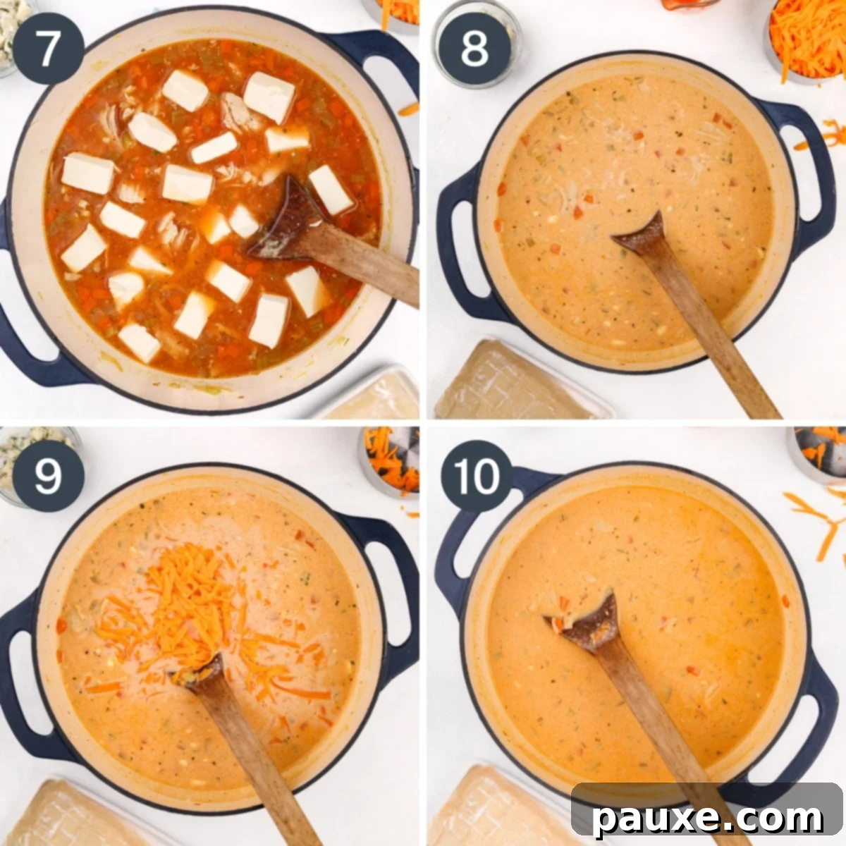 Spicy Buffalo Chicken Chowder 5 Stirring cubed cream cheese into a simmering soup until it fully melts and creates a creamy, smooth texture.