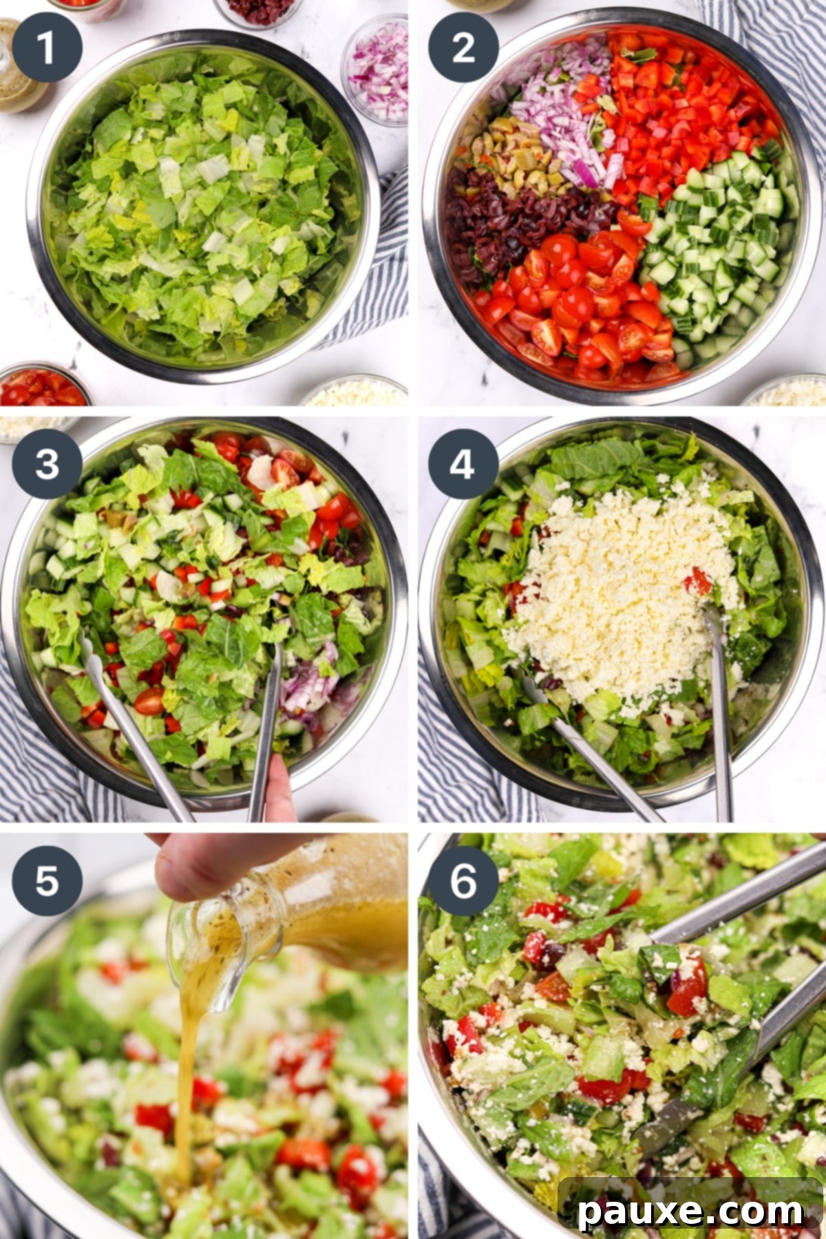 Vibrant Greek Chopped Salad 6 A large bowl filled with chopped romaine lettuce, with various chopped vegetables like tomatoes, cucumbers, and red onion, along with olives and feta cheese, ready to be mixed into a Greek salad.