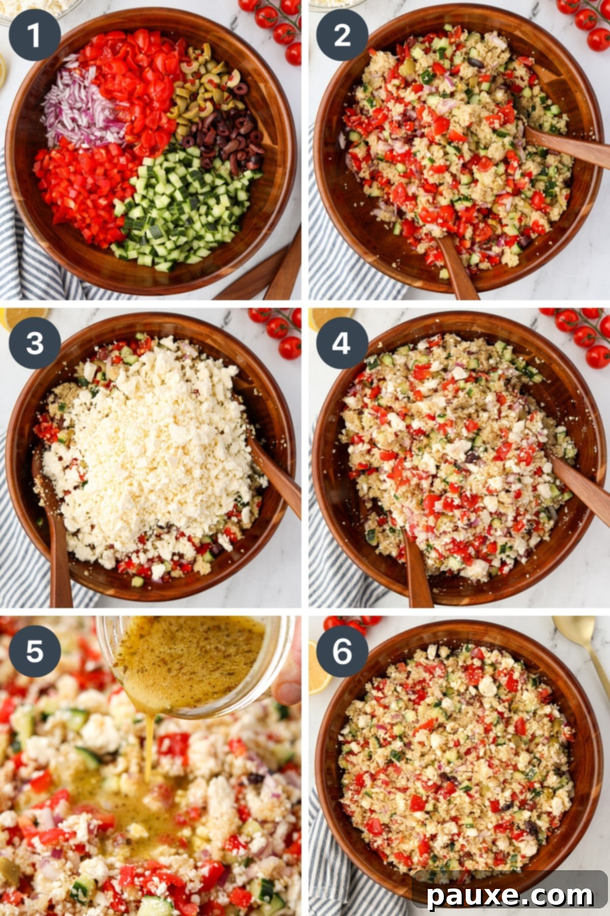 Zesty Mediterranean Quinoa Salad 4 A large salad bowl shows the process of tossing together vibrant vegetables, perfectly cooked quinoa, and crumbled feta cheese for a Greek Quinoa Salad.