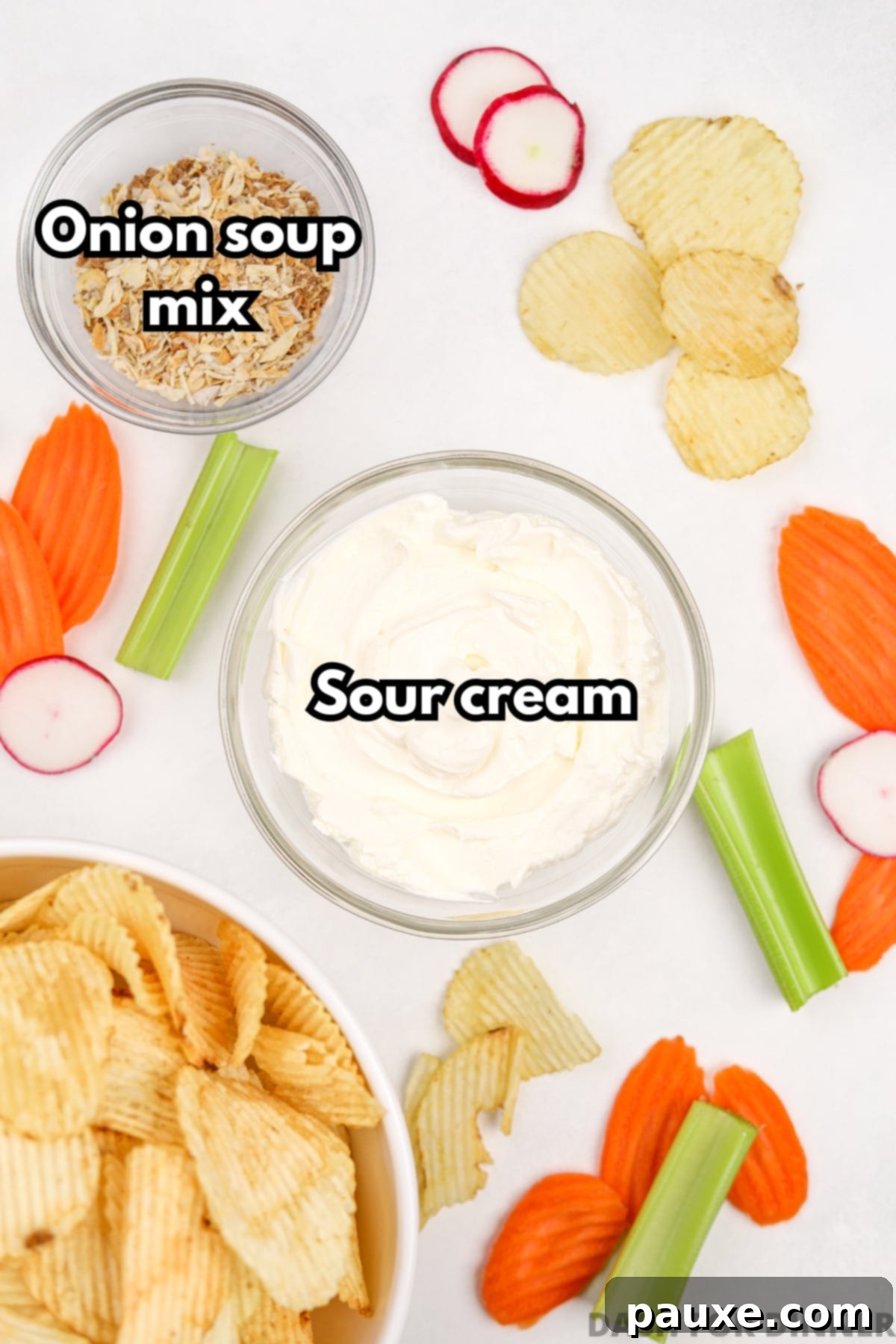 Golden State Creamy Dip 3 The two essential ingredients for making classic California Dip: a tub of creamy sour cream and a packet of savory onion soup mix, laid out on a kitchen surface.