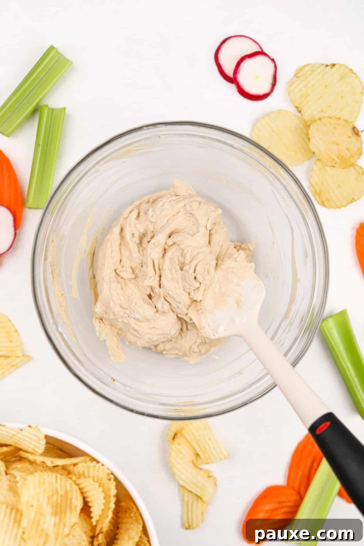 Golden State Creamy Dip 5 A bowl of freshly mixed California Dip, now smooth and perfectly incorporated, with no visible dry spots, ready for chilling or serving.