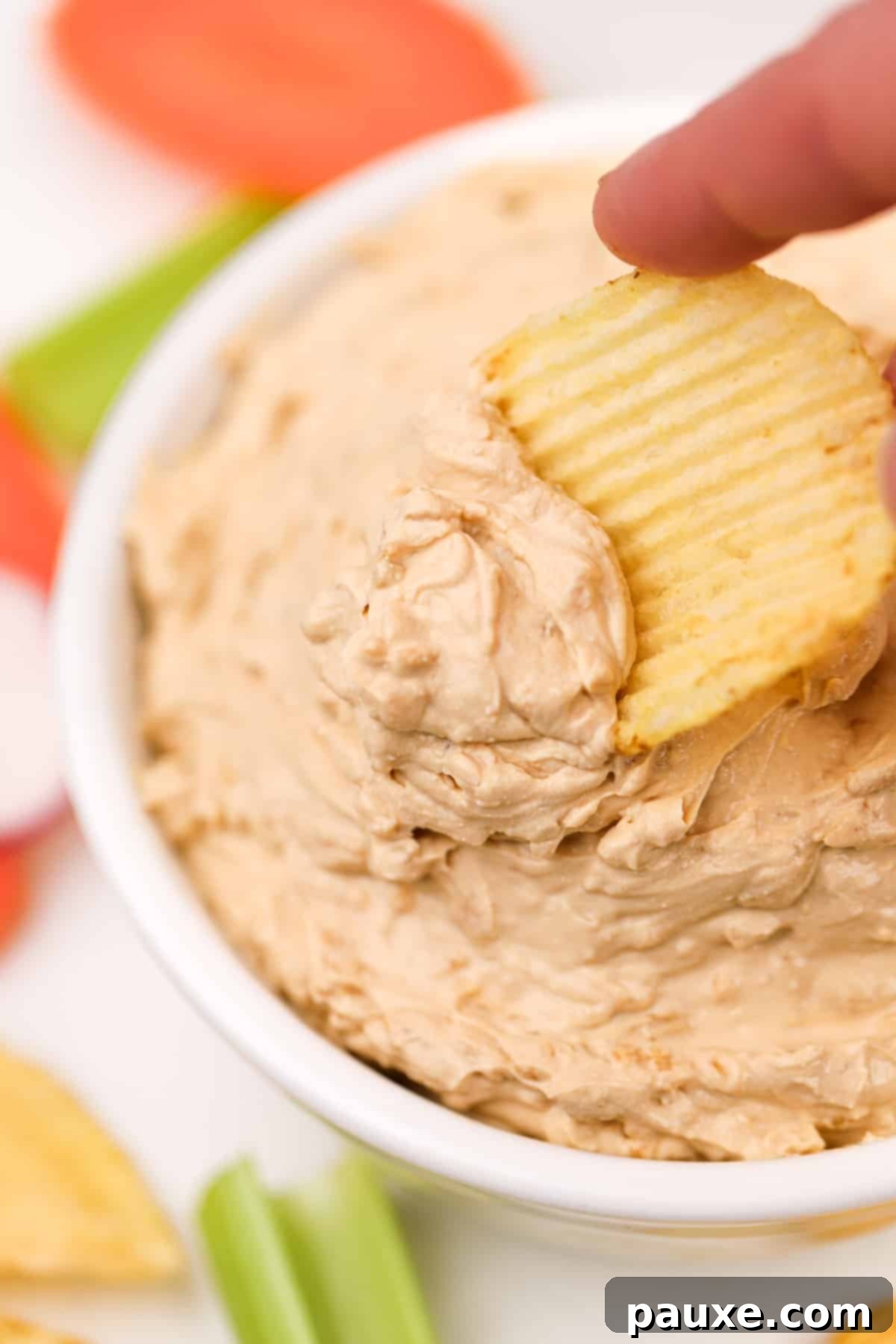 Golden State Creamy Dip 7 A close-up shot of a hand dipping a ridged potato chip into a creamy bowl of French Onion Dip, perfectly showcasing the ideal texture for scooping and the inviting appeal of the dip.