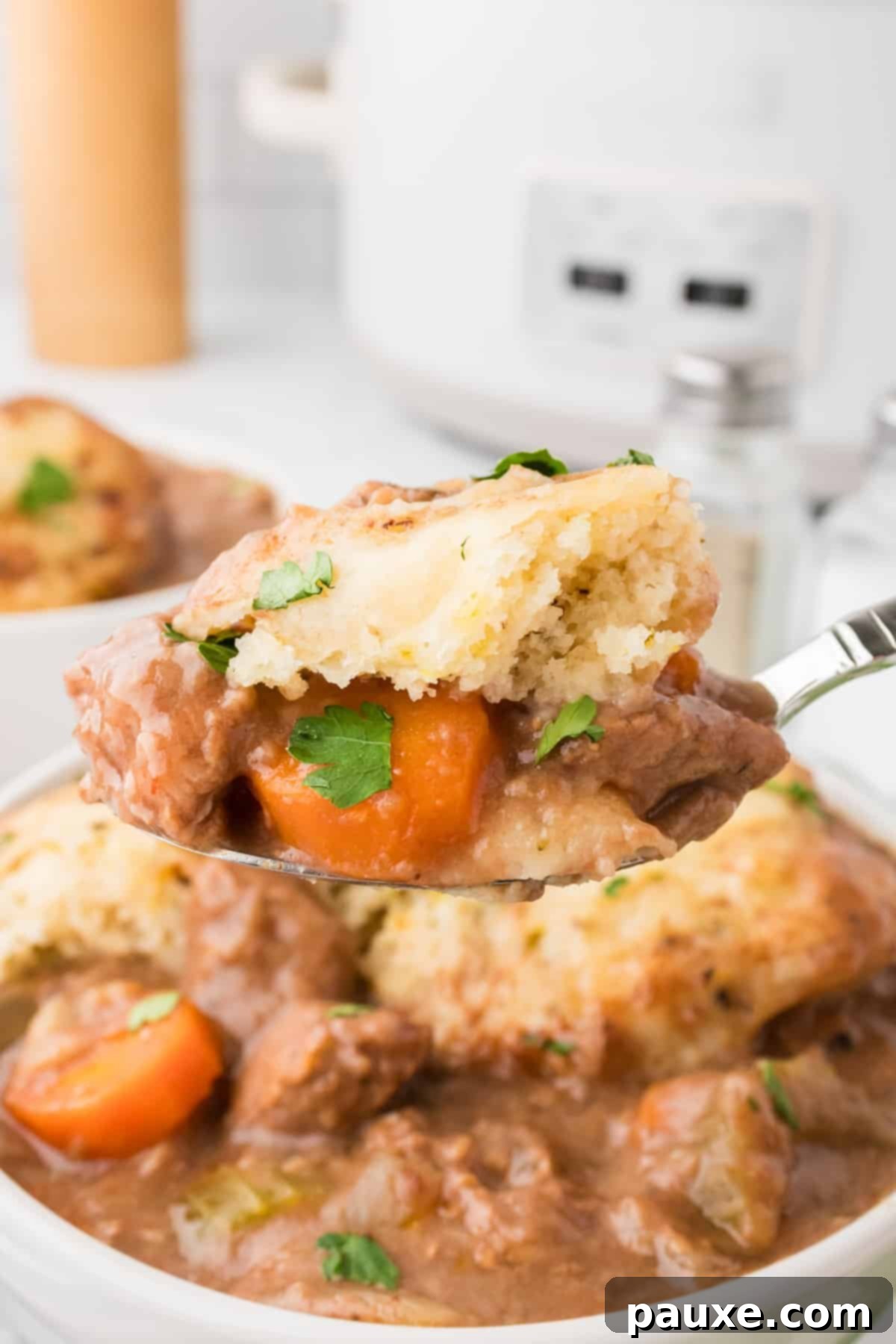 Comforting Slow Cooker Beef Stew and Dumplings 14 A ladle filled with a generous portion of beef stew, showcasing tender meat, chunky vegetables, and a fluffy dumpling.