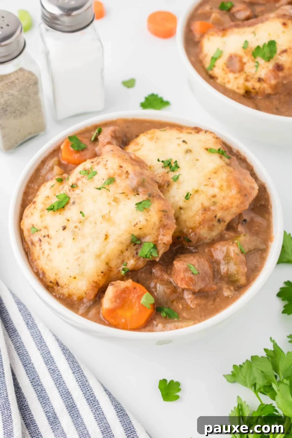 Comforting Slow Cooker Beef Stew and Dumplings 15 A white bowl filled with steaming beef stew, generously topped with two fluffy homemade dumplings and a sprinkle of fresh herbs.