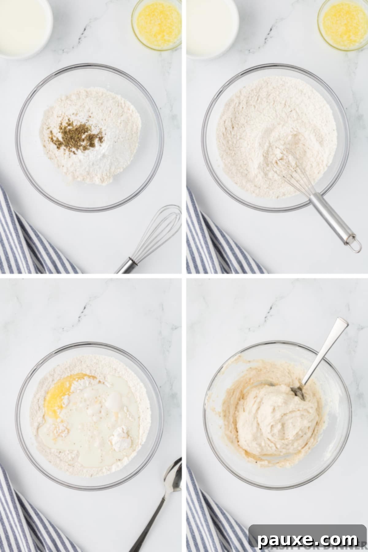 Comforting Slow Cooker Beef Stew and Dumplings 10 A sequence of images showing dry ingredients being whisked, then wet ingredients mixed in to form a soft dumpling dough.