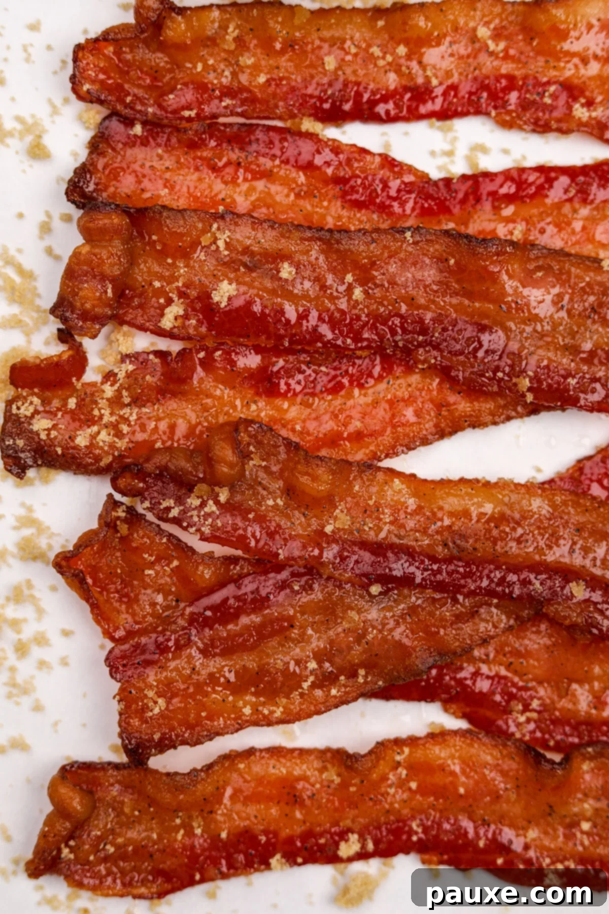 Crispy Caramelized Bacon 2 Multiple slices of candied bacon overlapping each other, glistening with a sweet glaze.