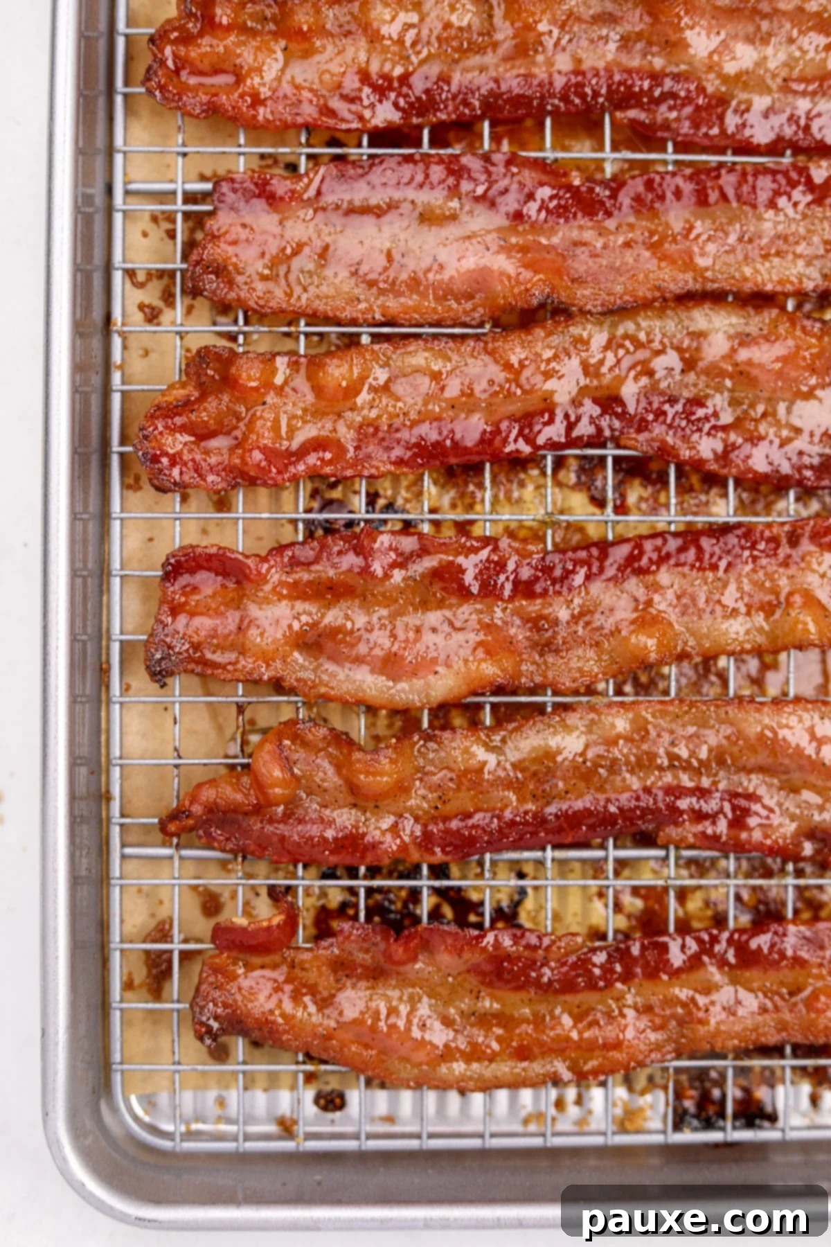 Crispy Caramelized Bacon 11 A wire baking rack filled with glazed bacon slices, showing the beautiful caramelization.