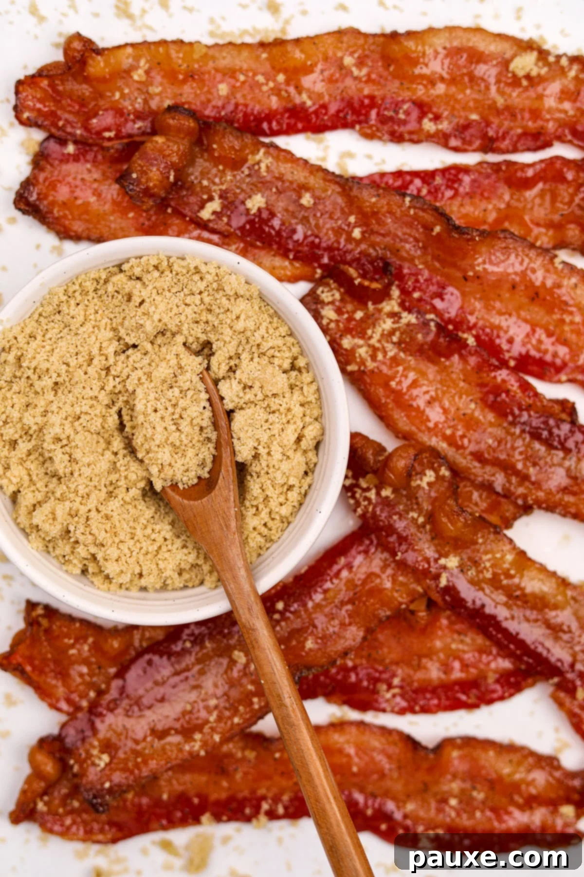 Crispy Caramelized Bacon 12 A small bowl of brown sugar surrounded by glazed bacon strips, ready to be enjoyed.