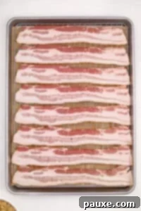 Crispy Caramelized Bacon 14 Raw bacon strips in an even layer on a wire rack set inside of a baking pan.