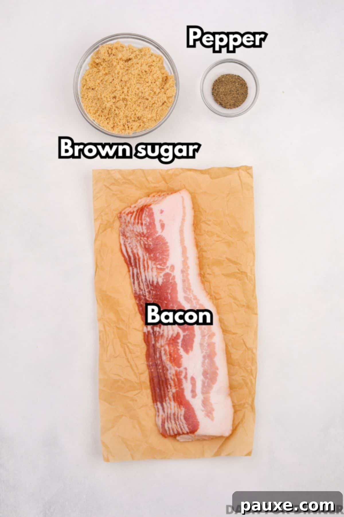 Crispy Caramelized Bacon 3 The ingredients needed to make candied bacon: brown sugar, black pepper, and uncooked bacon slices.