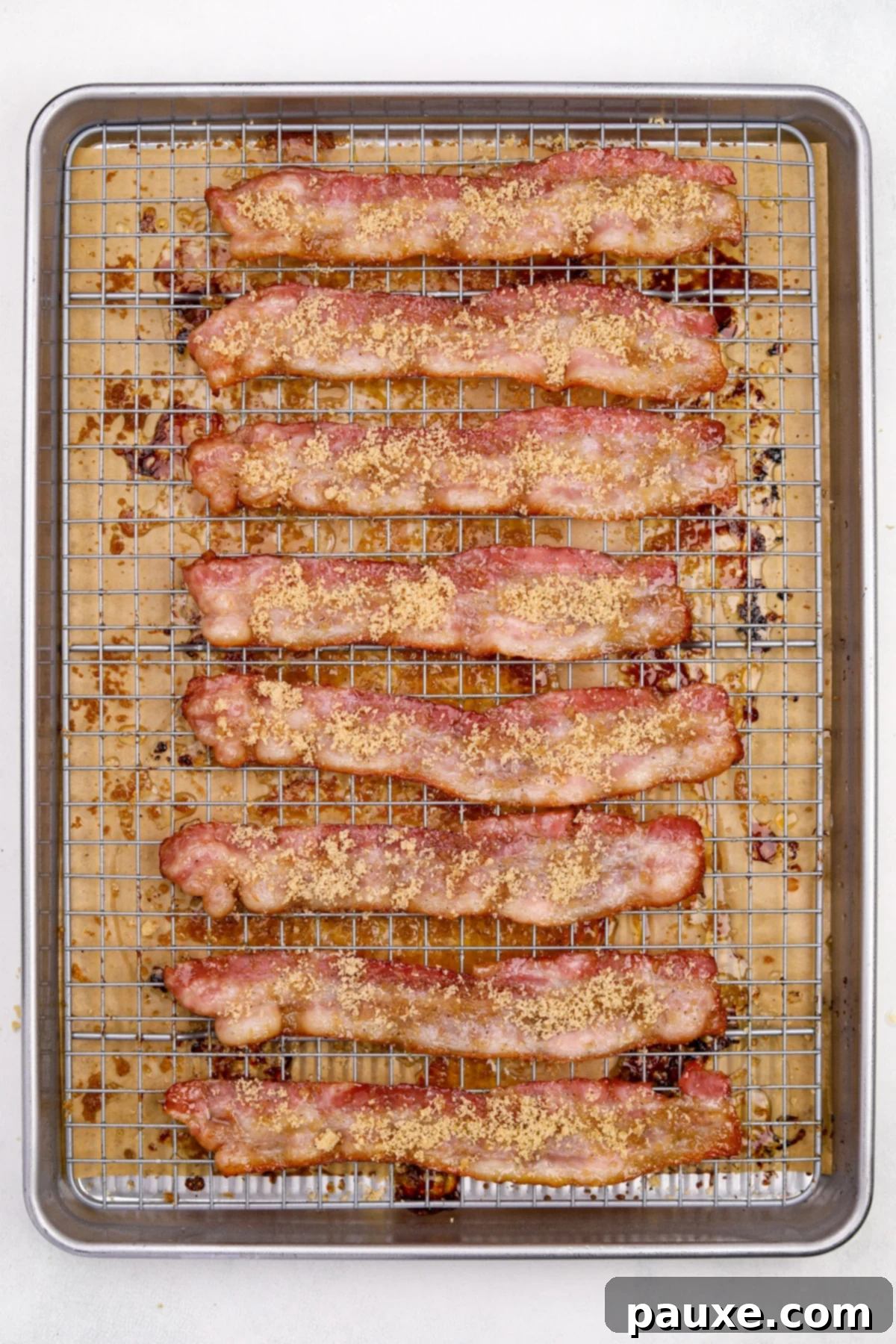 Crispy Caramelized Bacon 8 Half cooked bacons strips being topped with brown sugar.