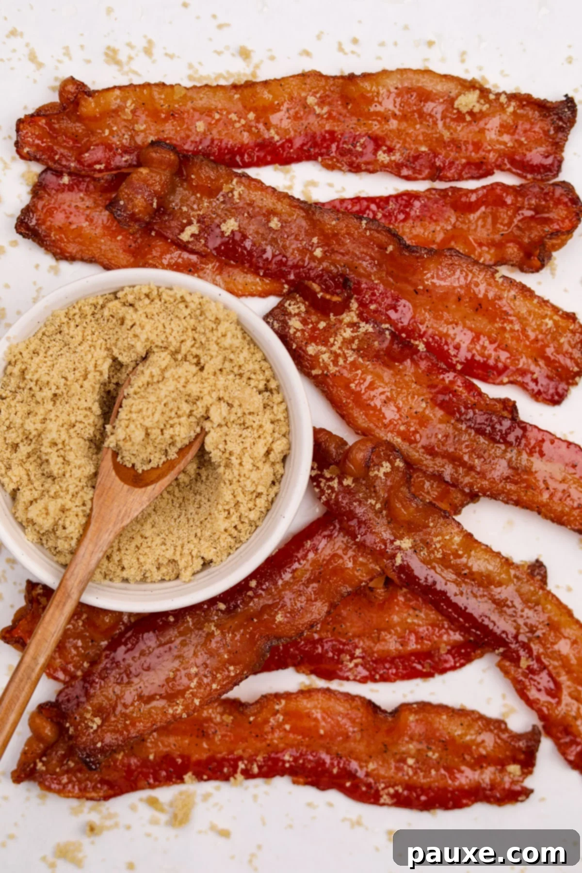 Crispy Caramelized Bacon 10 A small bowl of brown sugar surrounded by candied bacon strips, showcasing the finished product.