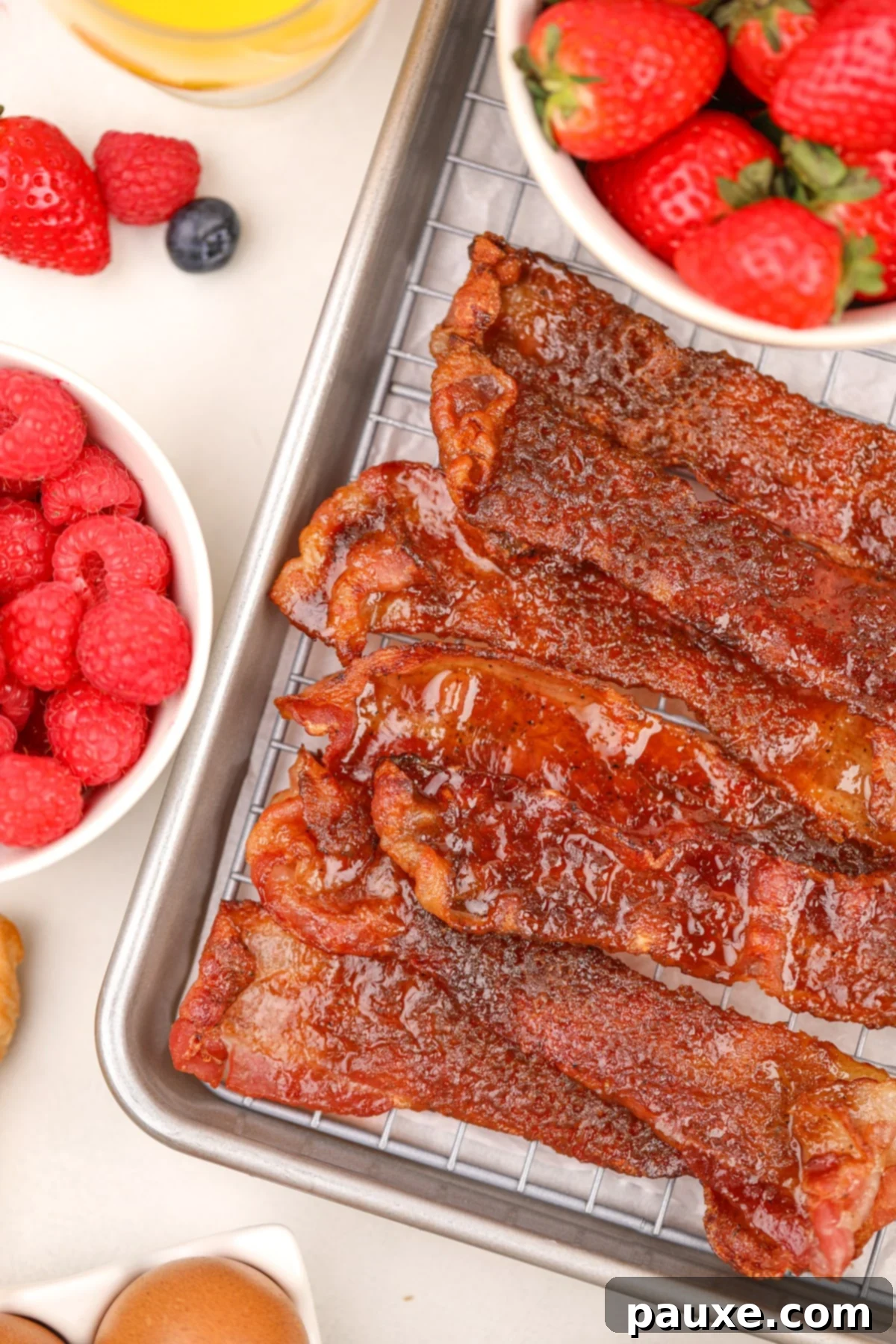 Air Fryer Millionaire's Bacon 2 Several slices of crispy candied bacon resting on a wire baking rack, with bowls of fresh berries artfully arranged around them.