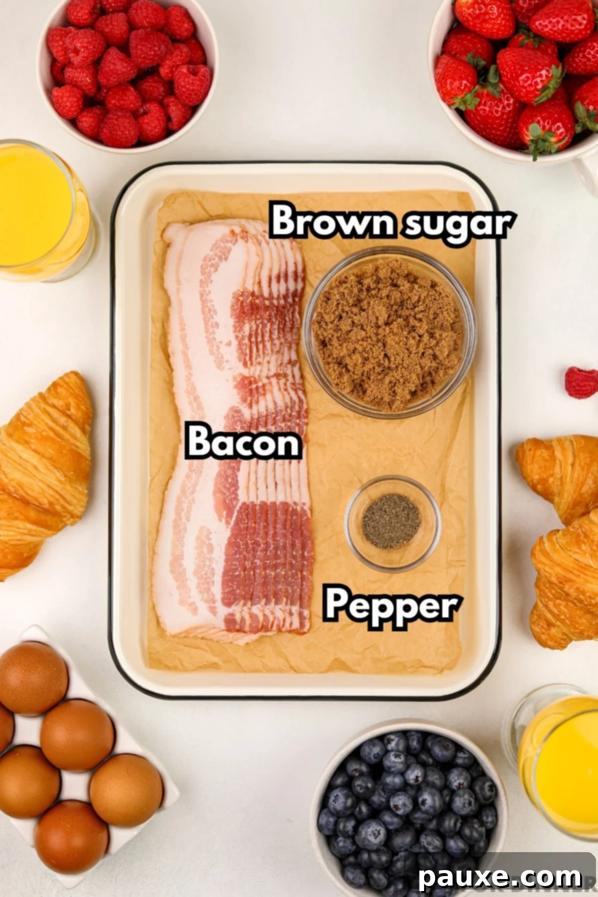 Air Fryer Millionaire's Bacon 3 The essential ingredients laid out for making candied bacon: strips of fresh bacon, a bowl of rich brown sugar, and a shaker of finely ground black pepper.