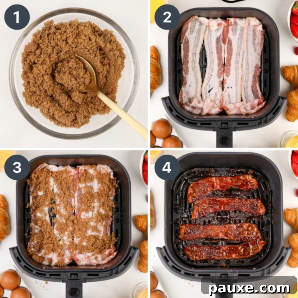 Air Fryer Millionaire's Bacon 4 A step-by-step image showing how to spread brown sugar mixture over bacon slices before air frying.