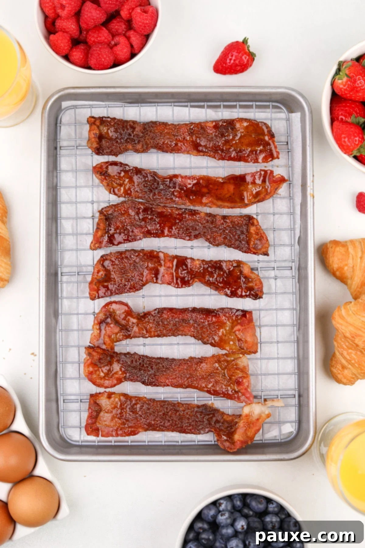 Air Fryer Millionaire's Bacon 5 A baking sheet lined with a baking rack, displaying perfectly cooked, sticky slices of candied bacon ready to cool and crisp.