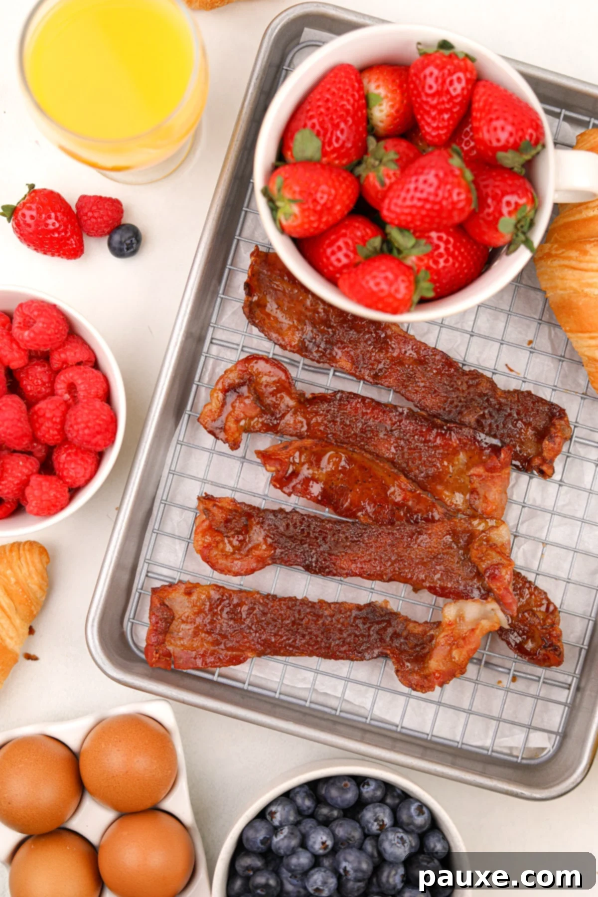 Air Fryer Millionaire's Bacon 6 Several slices of perfectly glazed candied bacon arranged on a wire baking rack, surrounded by small bowls brimming with fresh, vibrant berries.