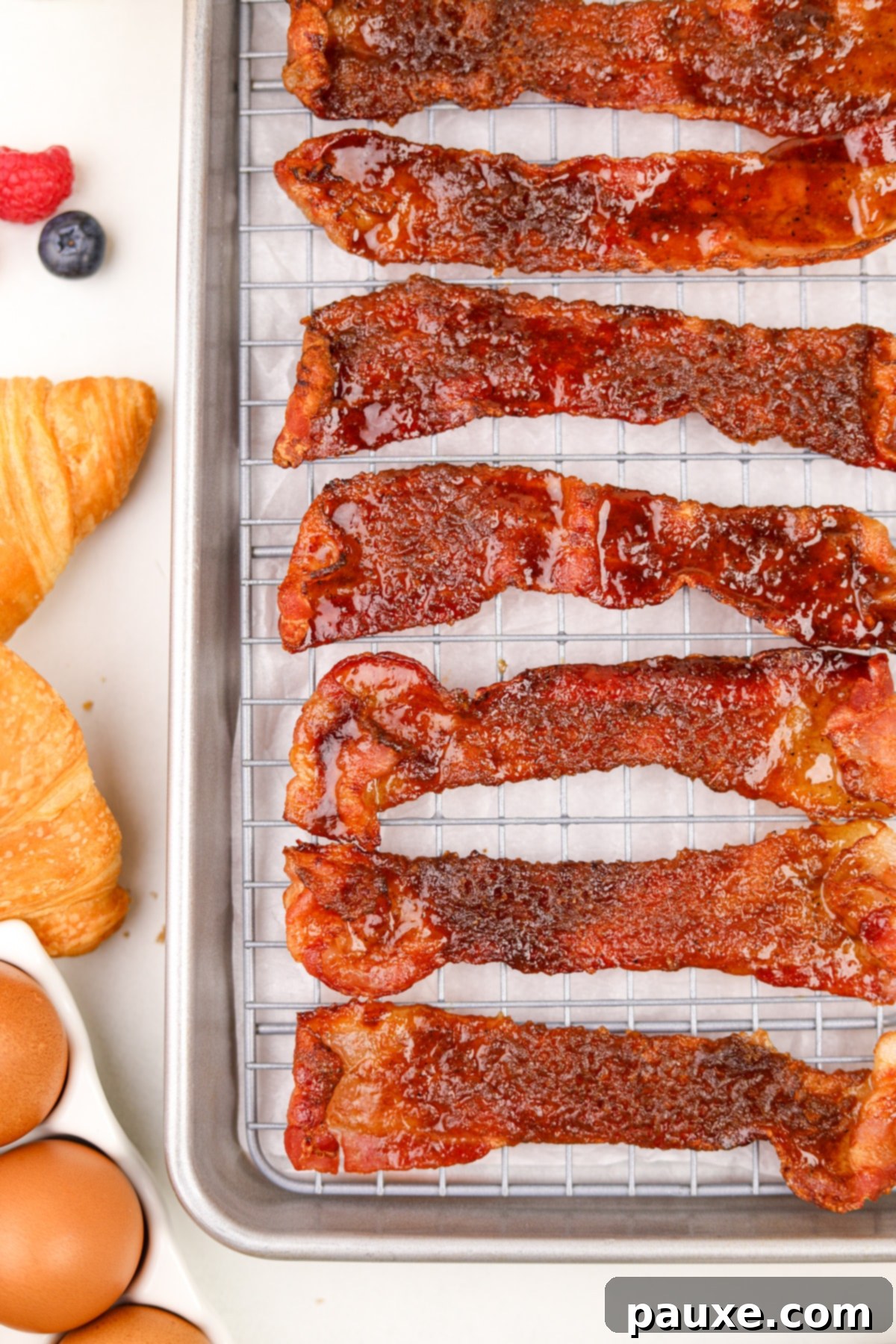 Air Fryer Millionaire's Bacon 7 Lined up slices of perfectly glazed candied bacon on a wire baking rack, ready to be enjoyed.