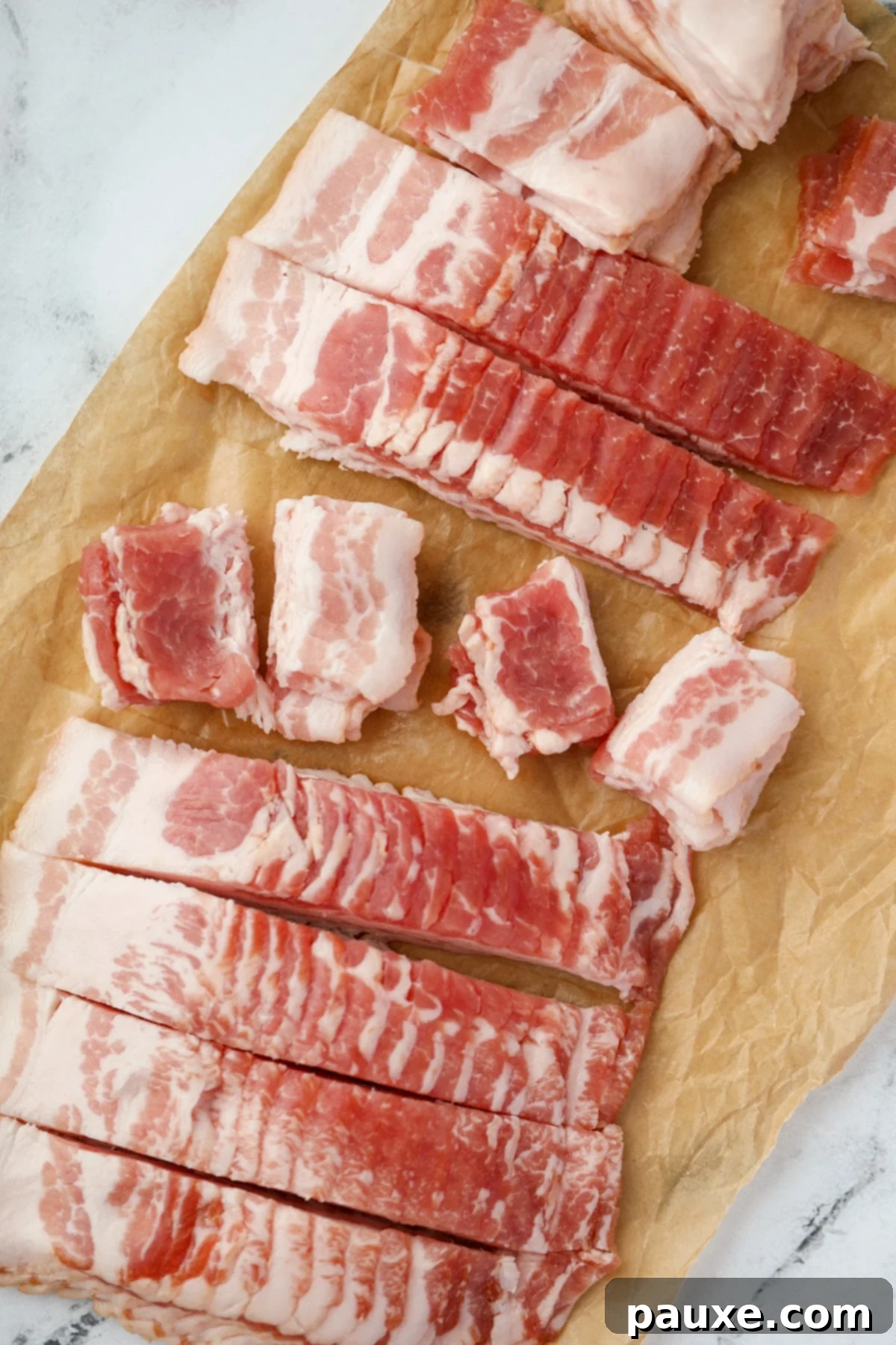 Crafting Crispy Homemade Bacon Bits 5 A sharp knife meticulously dicing stacked rectangular bacon strips into small, rough square cubes on a cutting board, creating the perfect 'bits'.