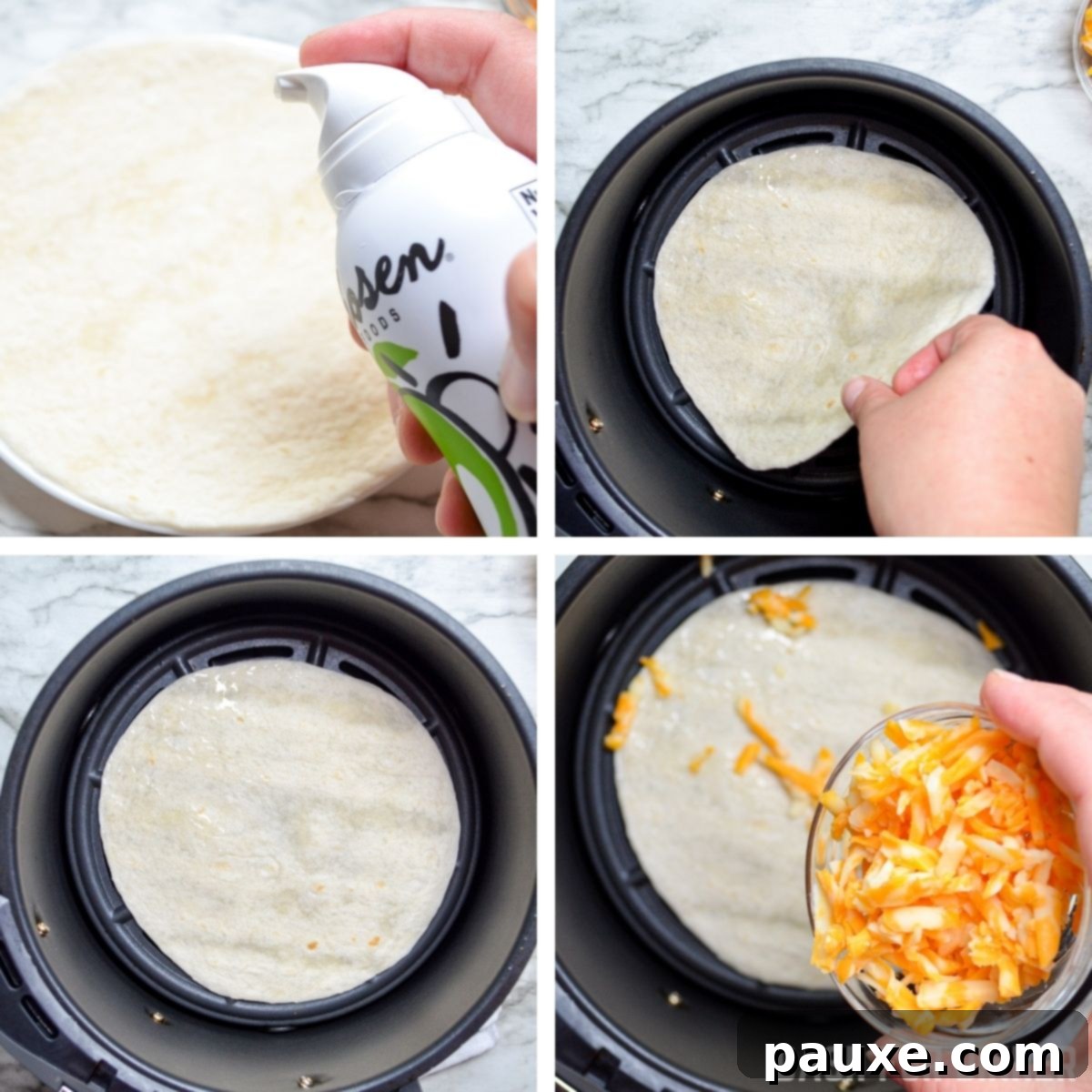 The first step: placing a sprayed tortilla in the air fryer basket.