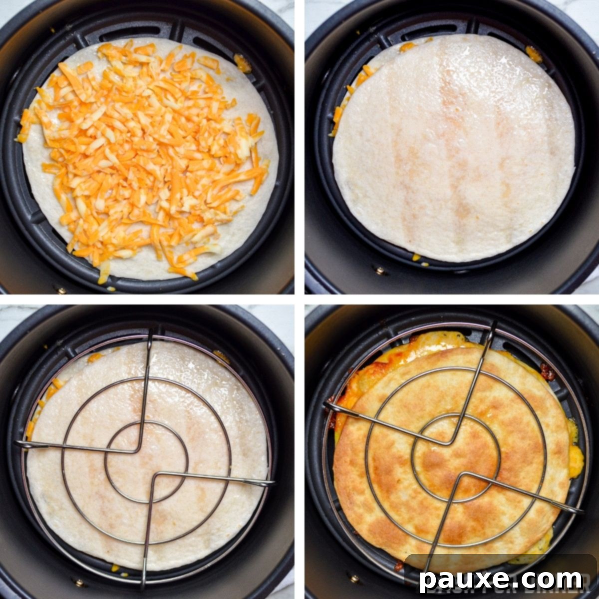 Layering cheese and fillings on the first tortilla.