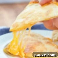 An air fryer quesadilla, with a big stretch of cheese as a slice is lifted.