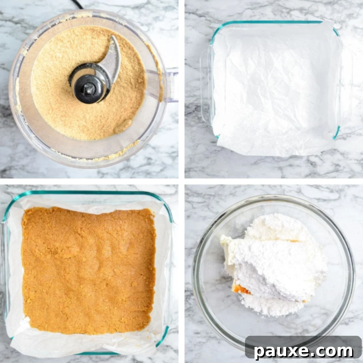 Easy No-Bake Chocolate Chip Cheesecake 4 Step-by-step images showing how to prepare a no-bake graham cracker crust, including crushing crackers, mixing with butter, and pressing into a lined dish.