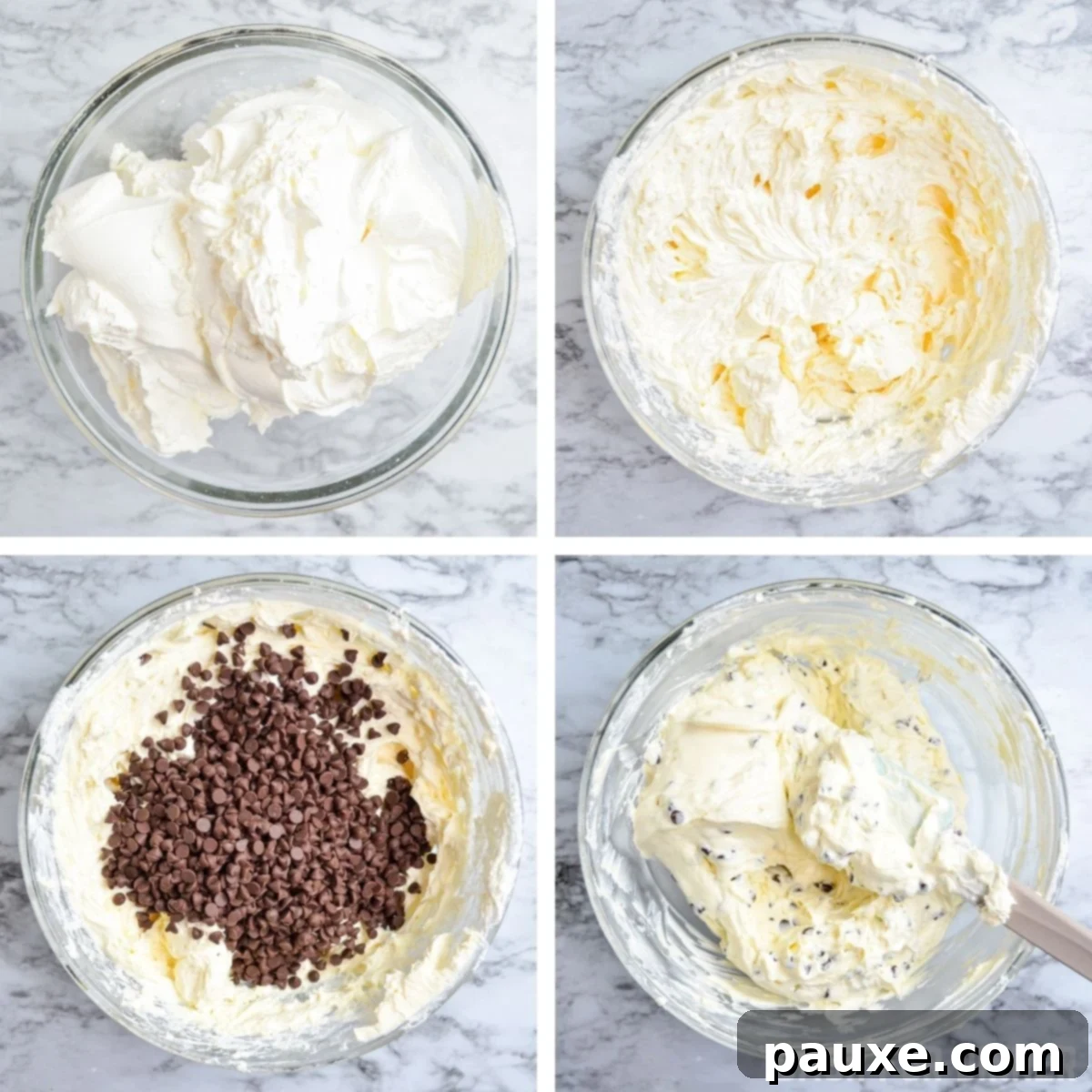 Easy No-Bake Chocolate Chip Cheesecake 5 Images showing the process of making the no-bake cheesecake filling, from beating cream cheese to folding in whipped topping.