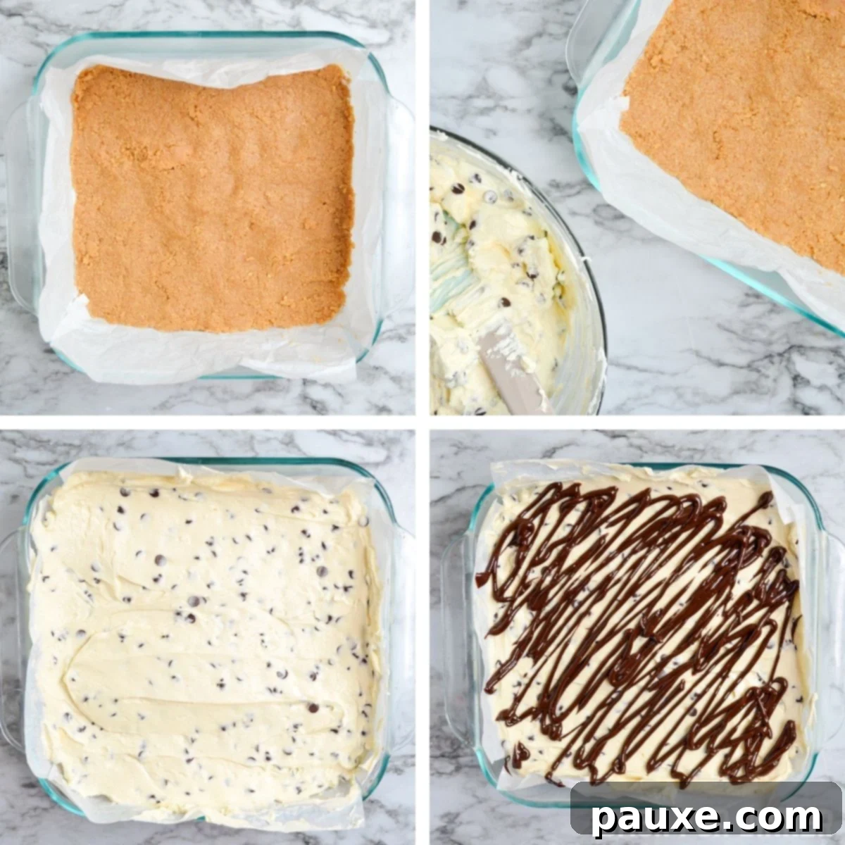 Easy No-Bake Chocolate Chip Cheesecake 6 A no-bake chocolate chip cheesecake assembled in a baking dish, before chilling or ganache topping.