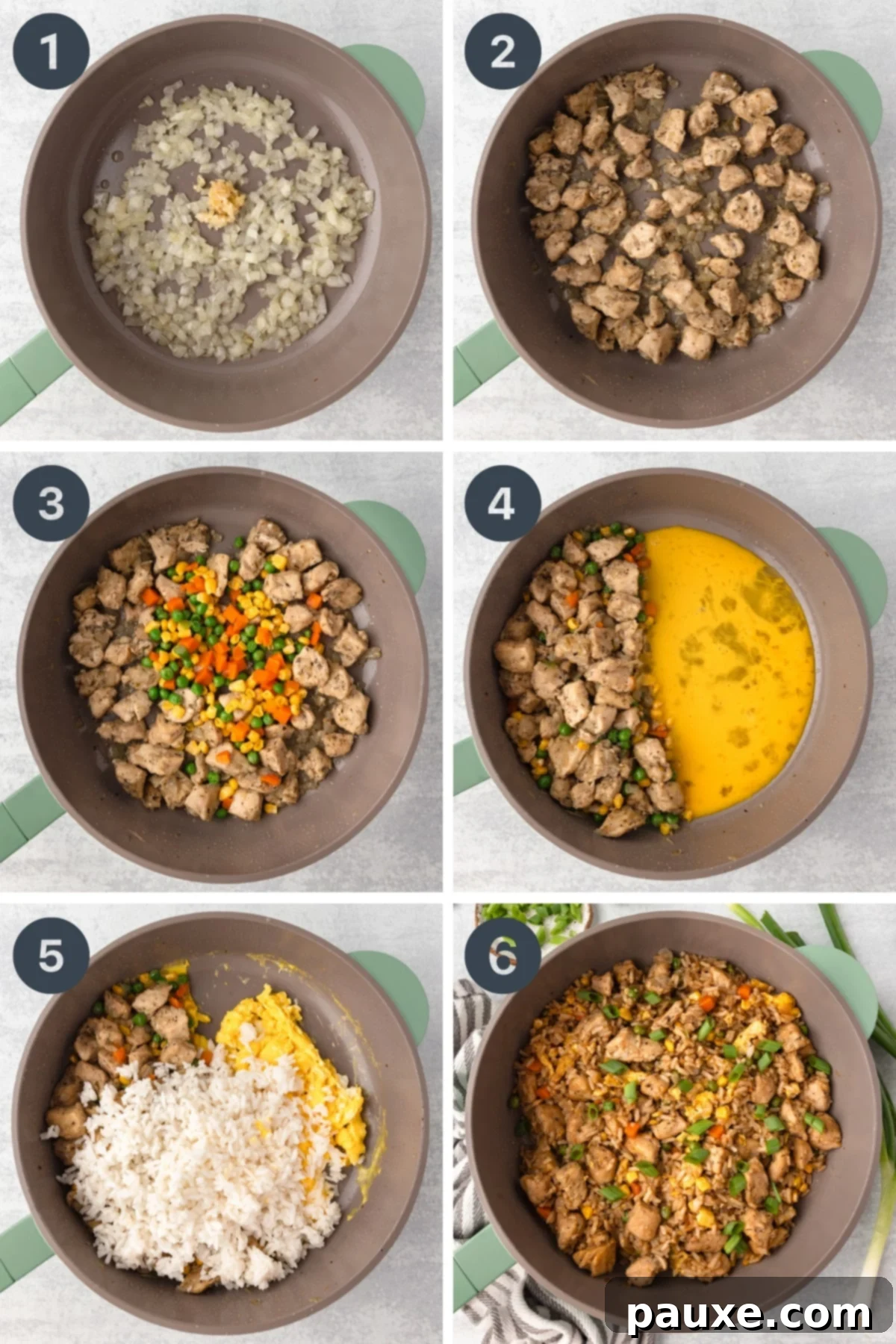 The Art of Benihana Chicken Fried Rice 4 The cooking process of making fried rice in a skillet, showing the addition of onion, chicken, egg, and leftover rice.