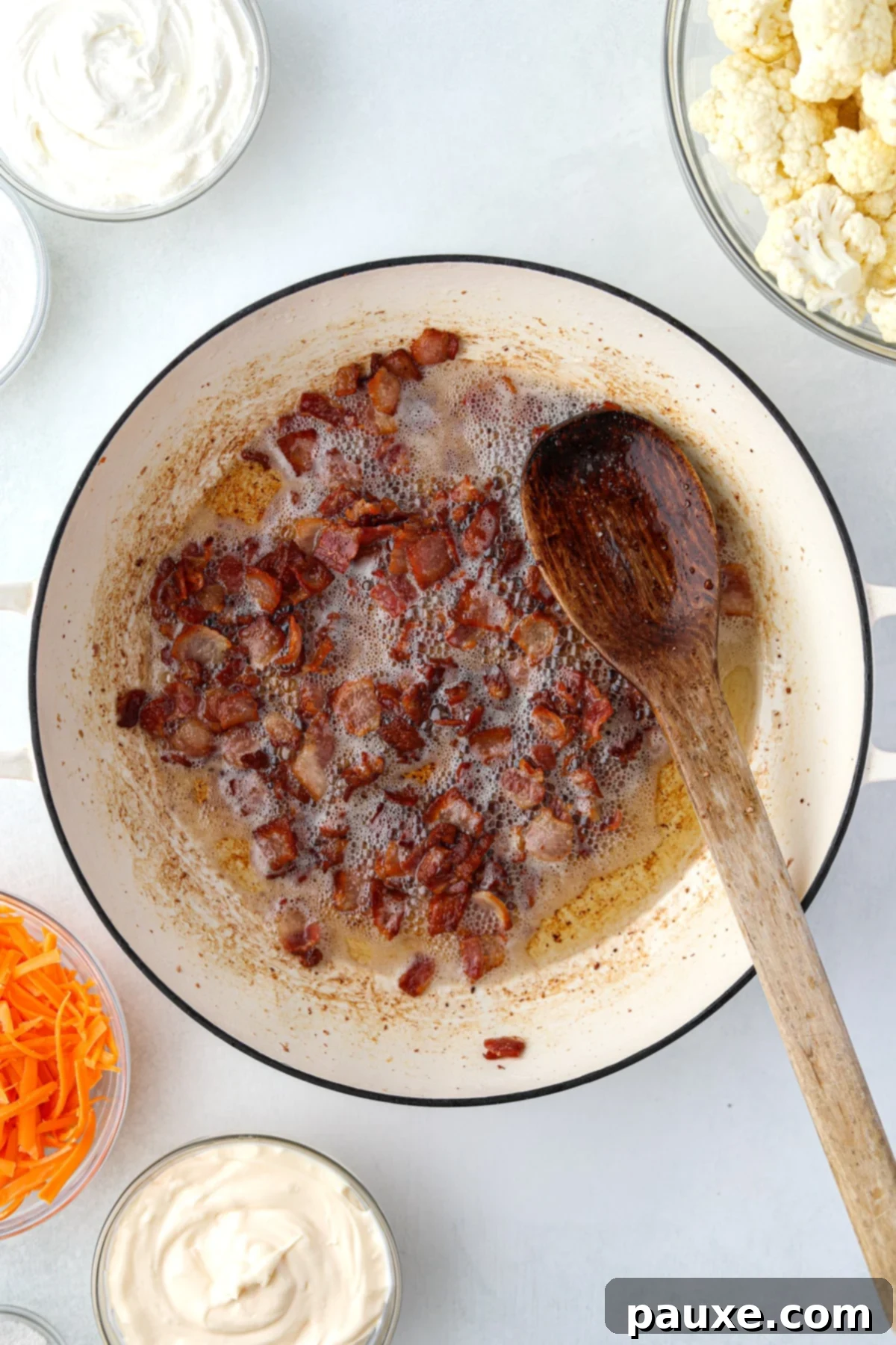 Spiced Cauliflower Salad with Tahini 5 Cooked and crisp bacon in an enameled skillet.