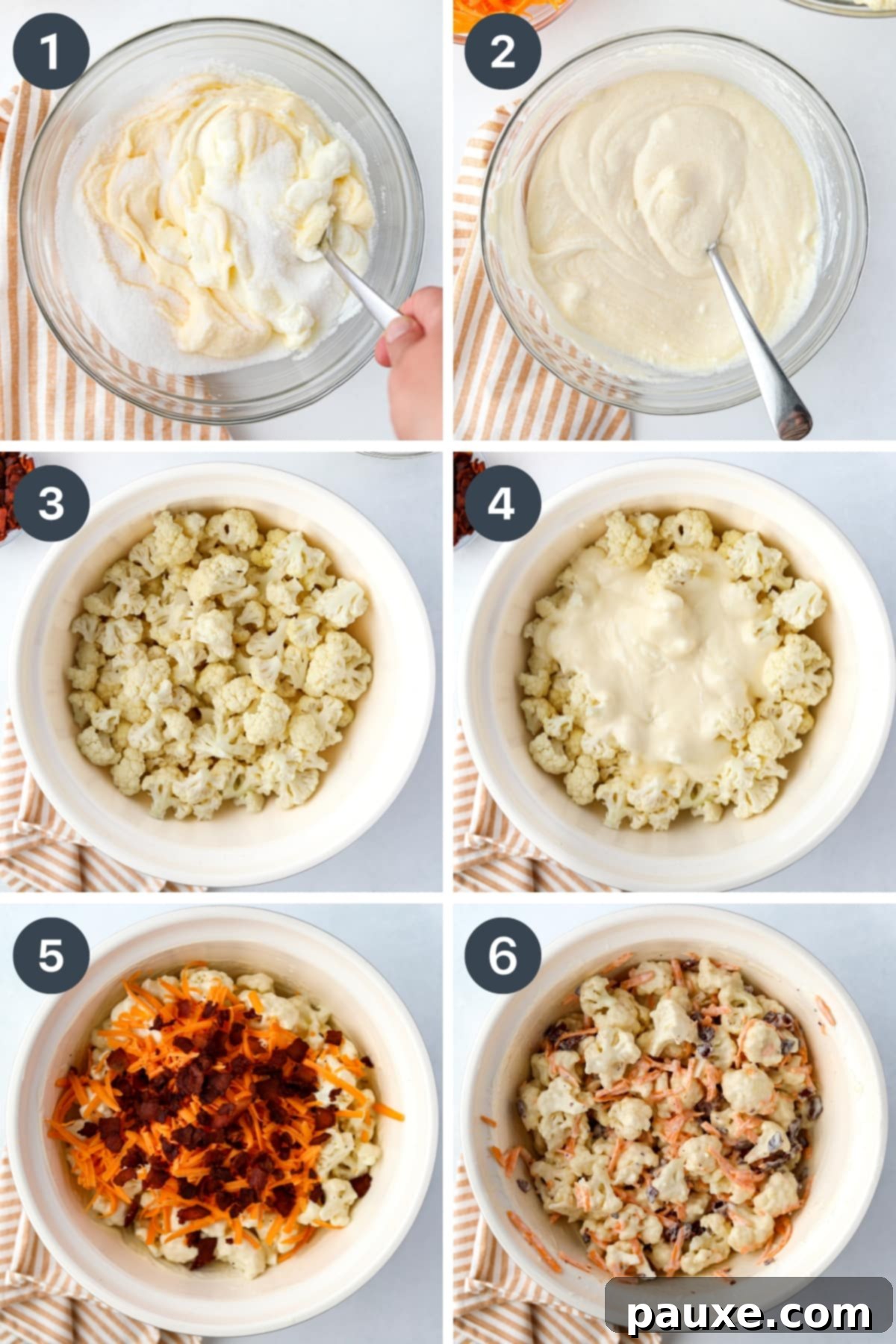 Spiced Cauliflower Salad with Tahini 6 Stirring together a creamy dressing, then adding it to cauliflower florets, and stirring in bacon and cheese.