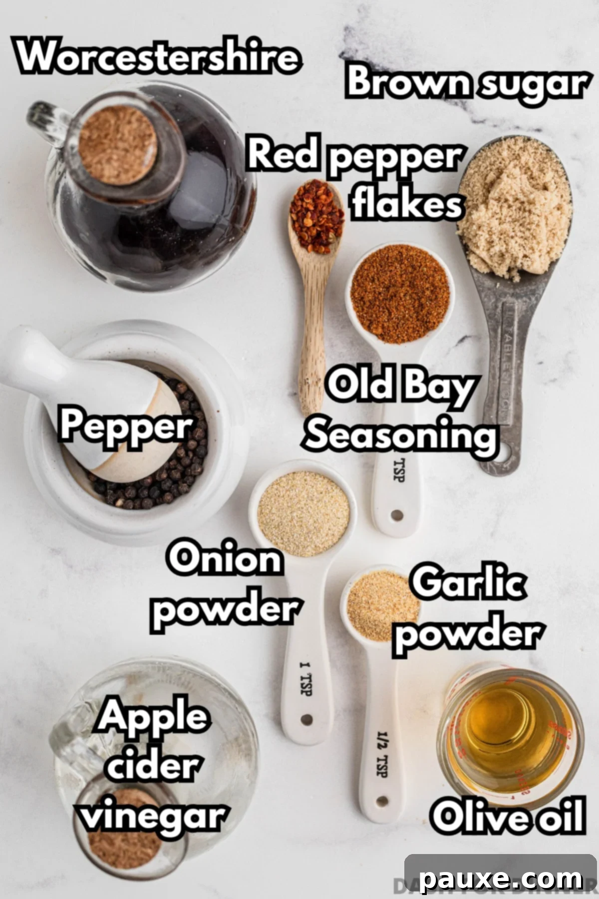 Mastering Chicken Marinades 3 The ingredients needed to make chicken marinade: brown sugar, worcestershire sauce, red pepper flakes, apple cider vinegar, olive oil, etc.