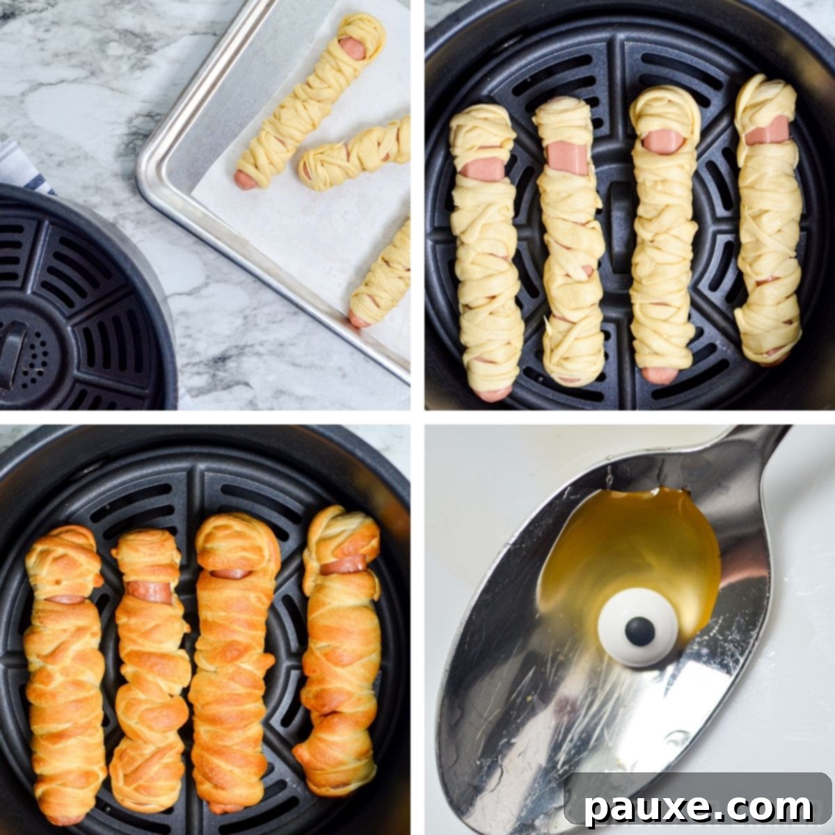Spooky Air Fryer Mummy Dogs 7 Air Fryer basket with mummy dogs cooking to a golden brown perfection.