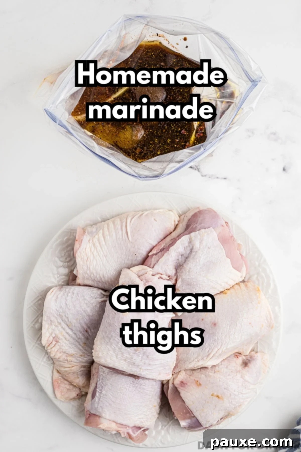 Golden Baked Chicken Thighs 4 A freezer bag filled with marinade, alongside a plate of raw bone-in, skin-on chicken thighs.