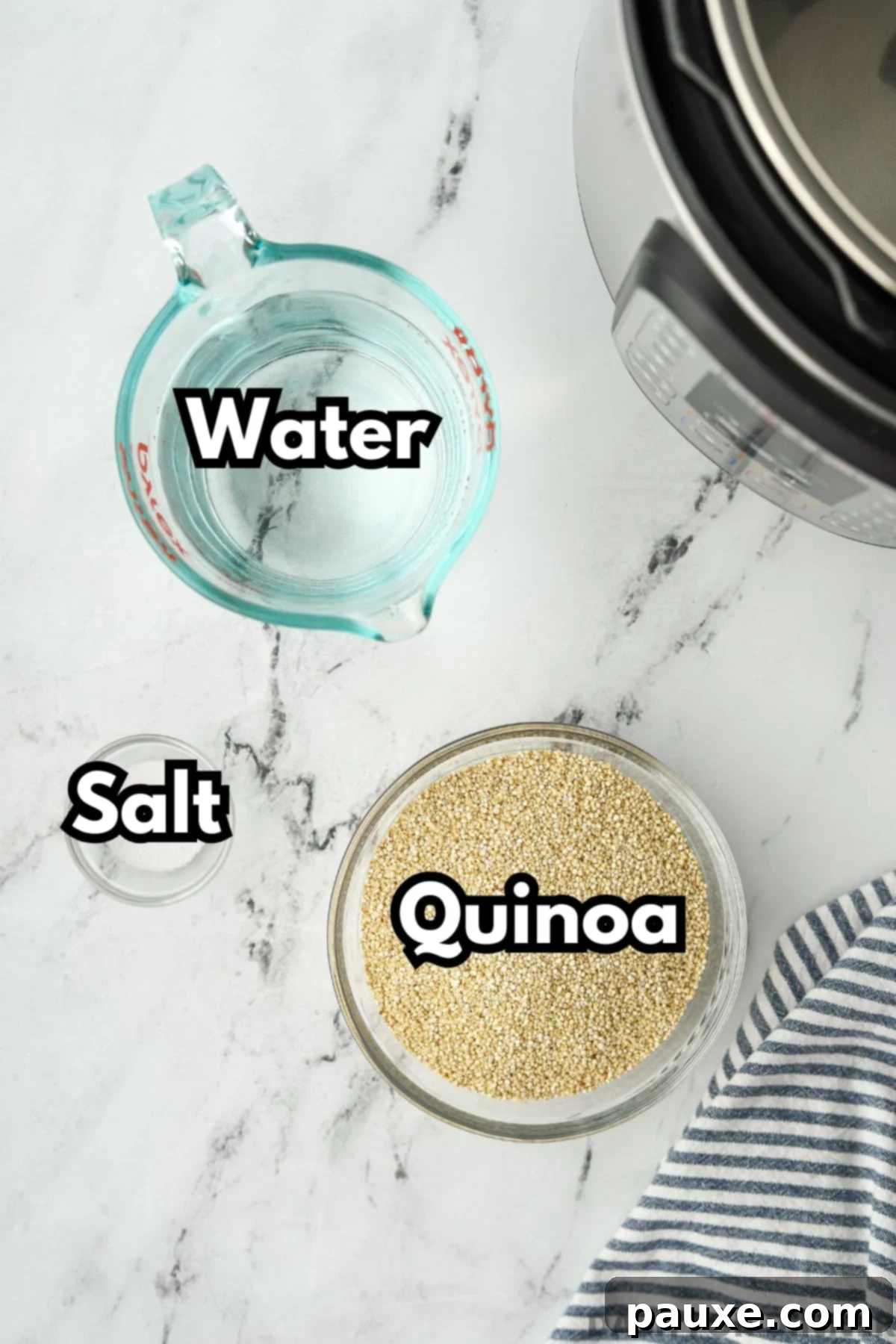 Effortless Instant Pot Quinoa 3 A measuring cup with water, small bowls with quinoa and salt, ready for cooking.