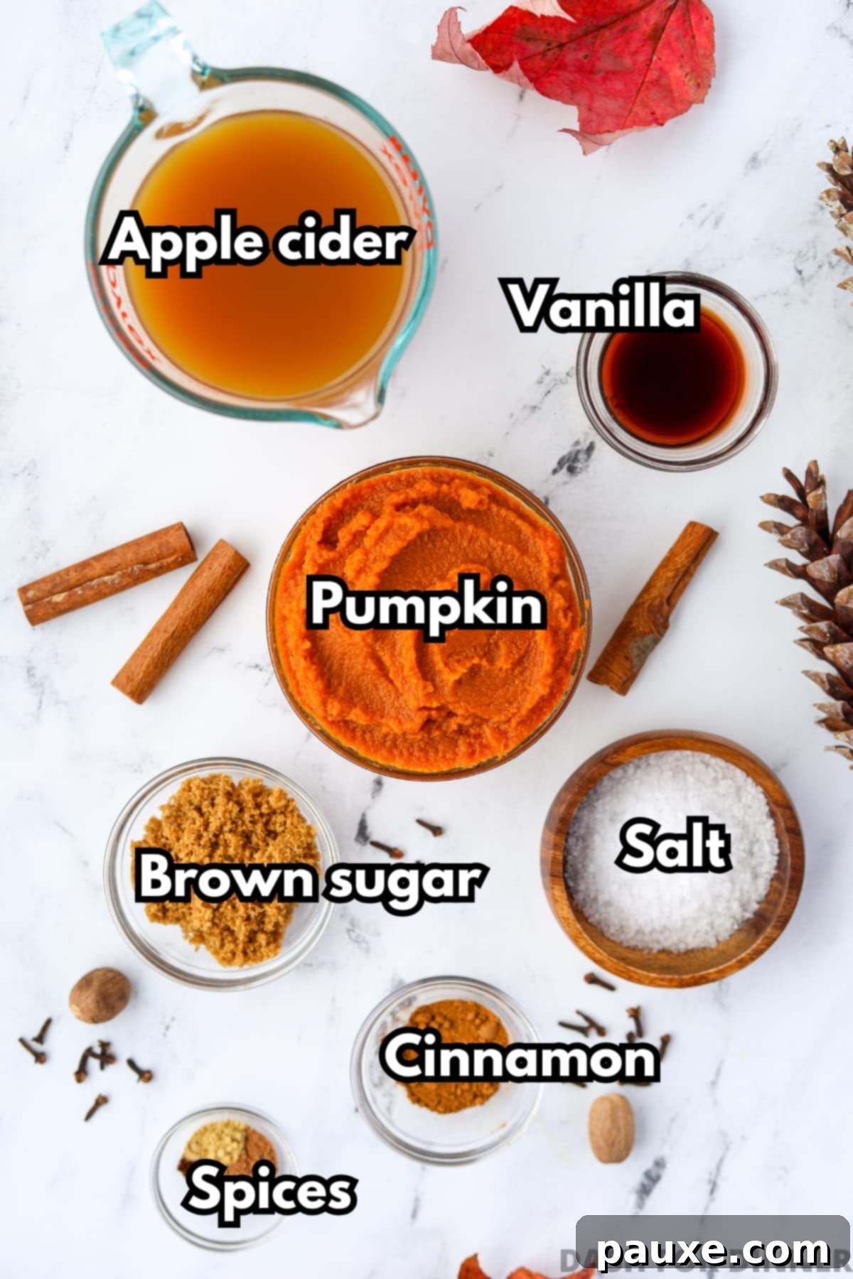 Golden Pumpkin Harvest Brew 3 The ingredients needed to make pumpkin cider, including apple cider, brown sugar, pumpkin puree, cinnamon, etc., laid out on a surface.