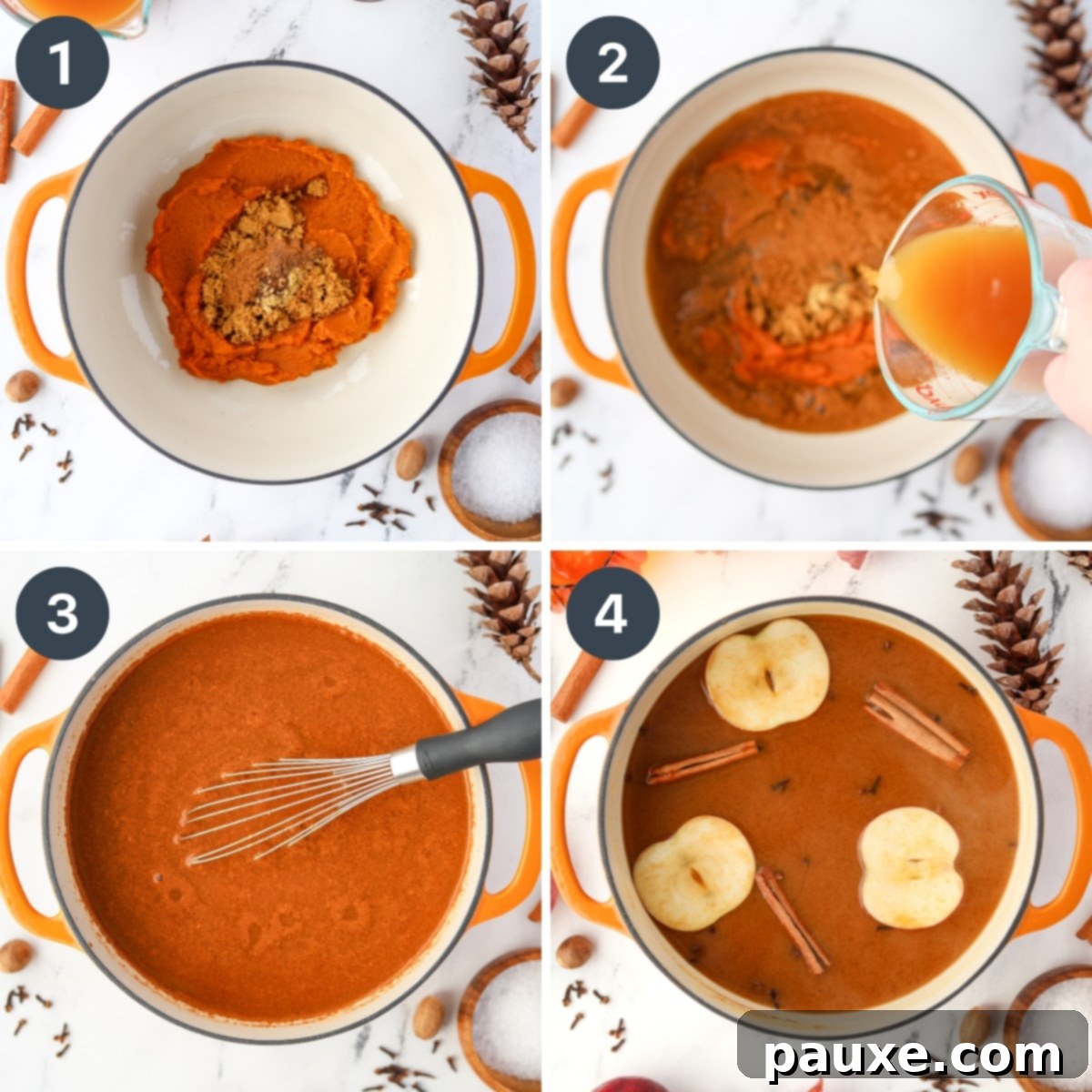 Golden Pumpkin Harvest Brew 4 Adding pumpkin, spices, and apple cider to a Dutch oven, then heating it until warm for a delicious homemade cider.