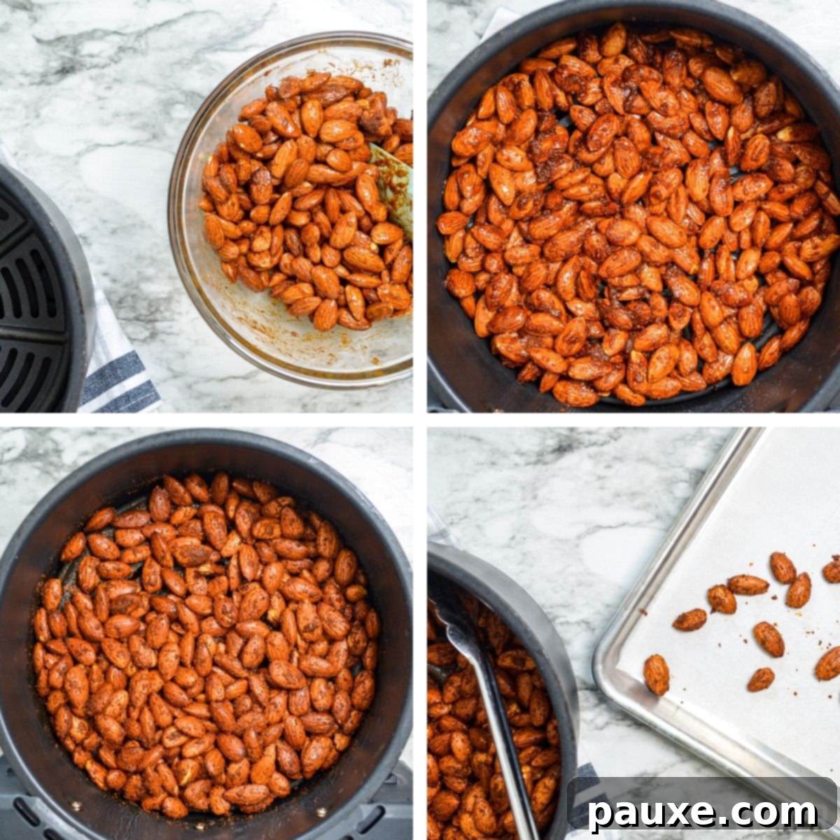 Crispy Golden Air Fryer Almonds 5 How to make roasted almonds in the air fryer, showing almonds coated and ready.