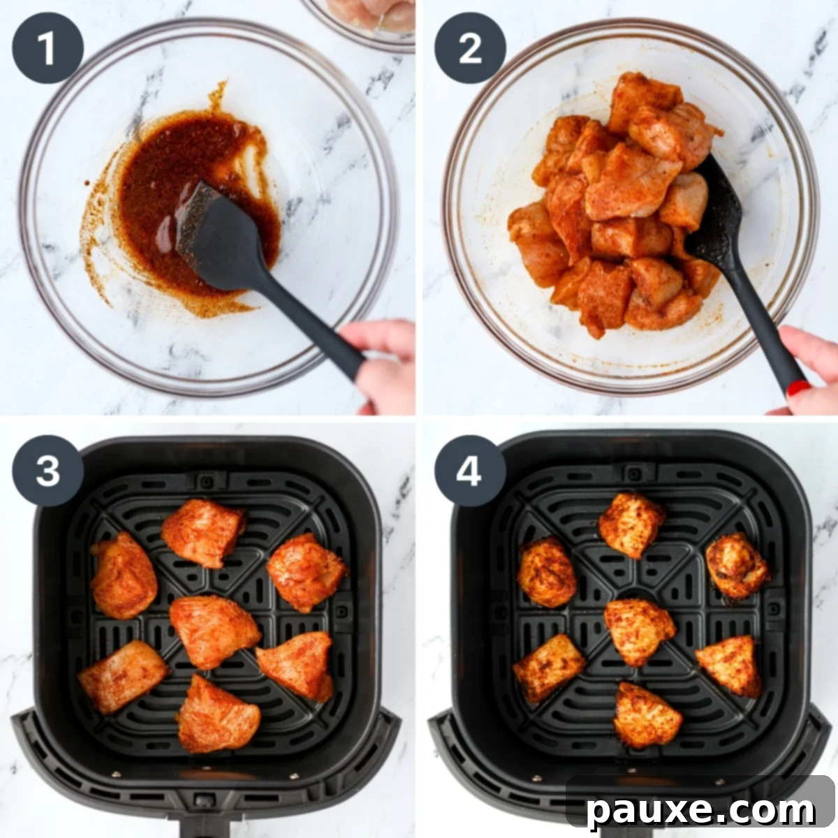 Golden Air Fryer Chicken Poppers 4 Adding seasoned chicken breast pieces to an air fryer.