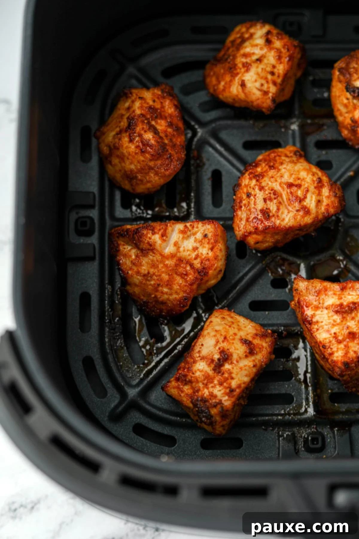 Golden Air Fryer Chicken Poppers 6 An air fryer basket with several unbreaded chicken nuggets inside.