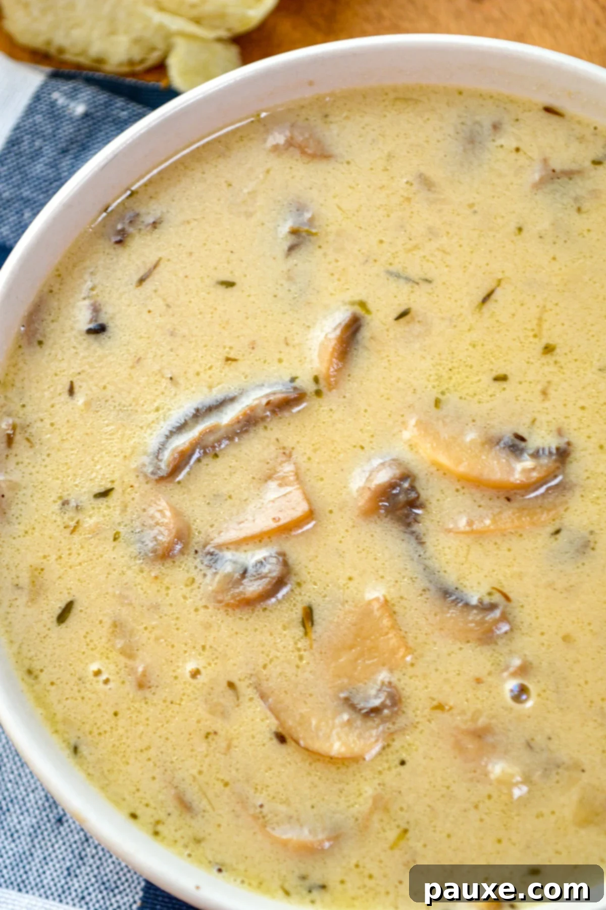 Instant Pot Creamy Mushroom Comfort 3 A bowl of cream of mushroom soup, resting on blue check napkins.