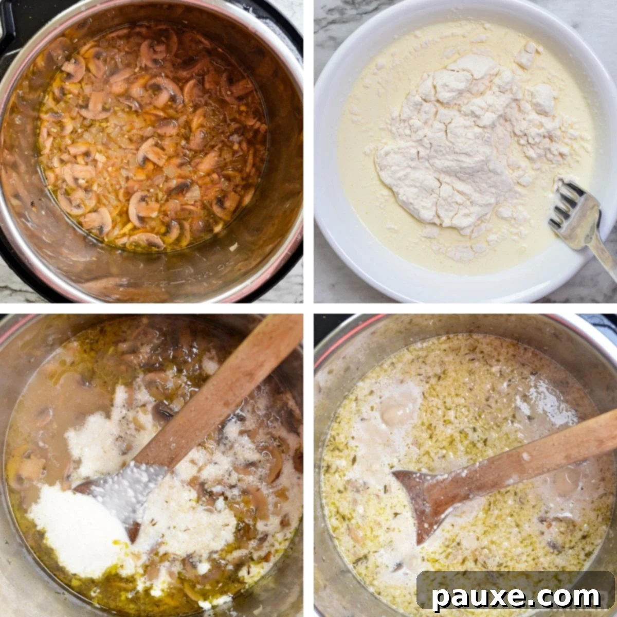 Instant Pot Creamy Mushroom Comfort 7 How to thicken cream of mushroom soup using heavy cream and flour.
